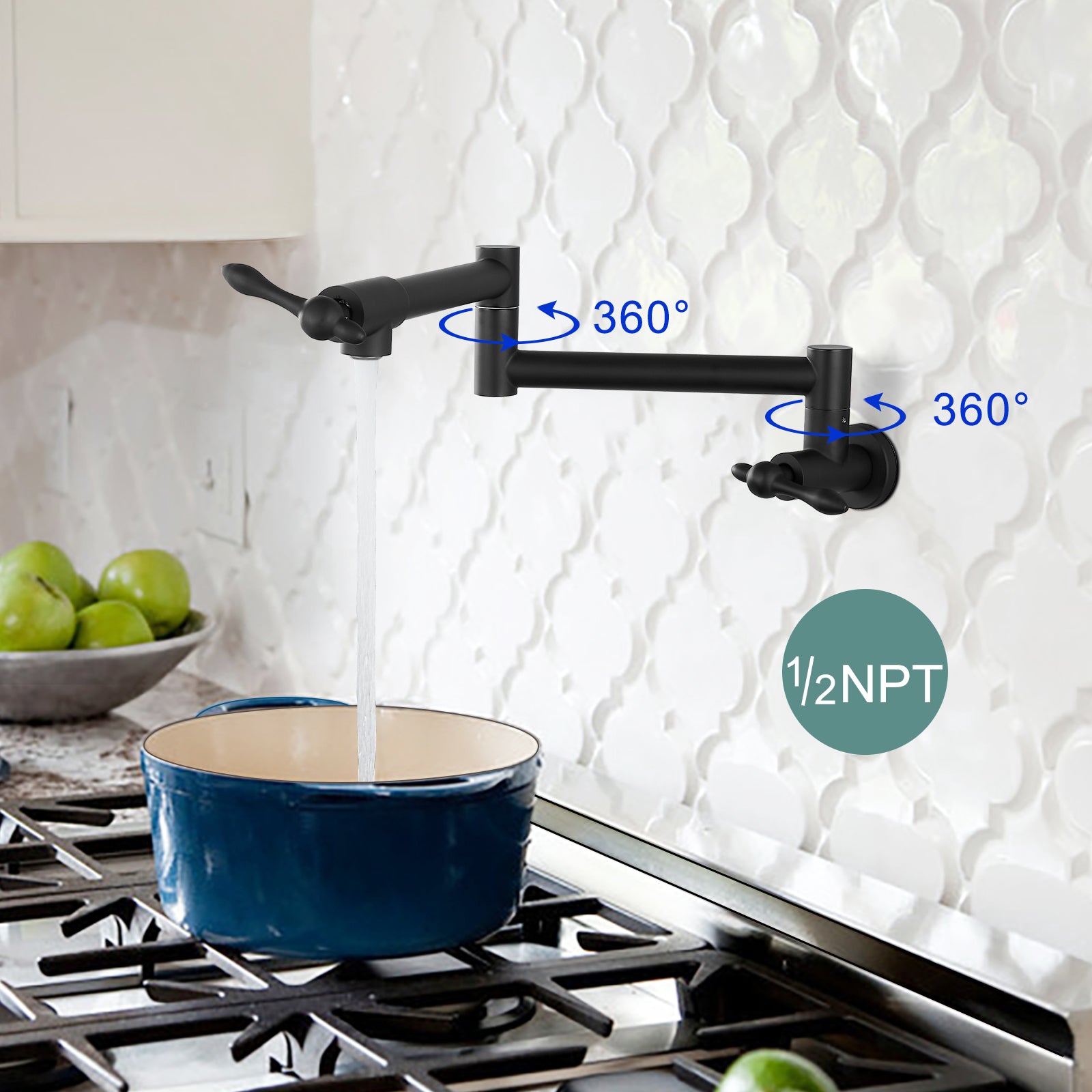 Heyalan Stainless Steel SUS304 19" Pot Filler Faucet Double Joint Spout Stretchable Swing Arm with Single Hole Two Handles Wall Mounted Commercial Kitchen Sink Faucet