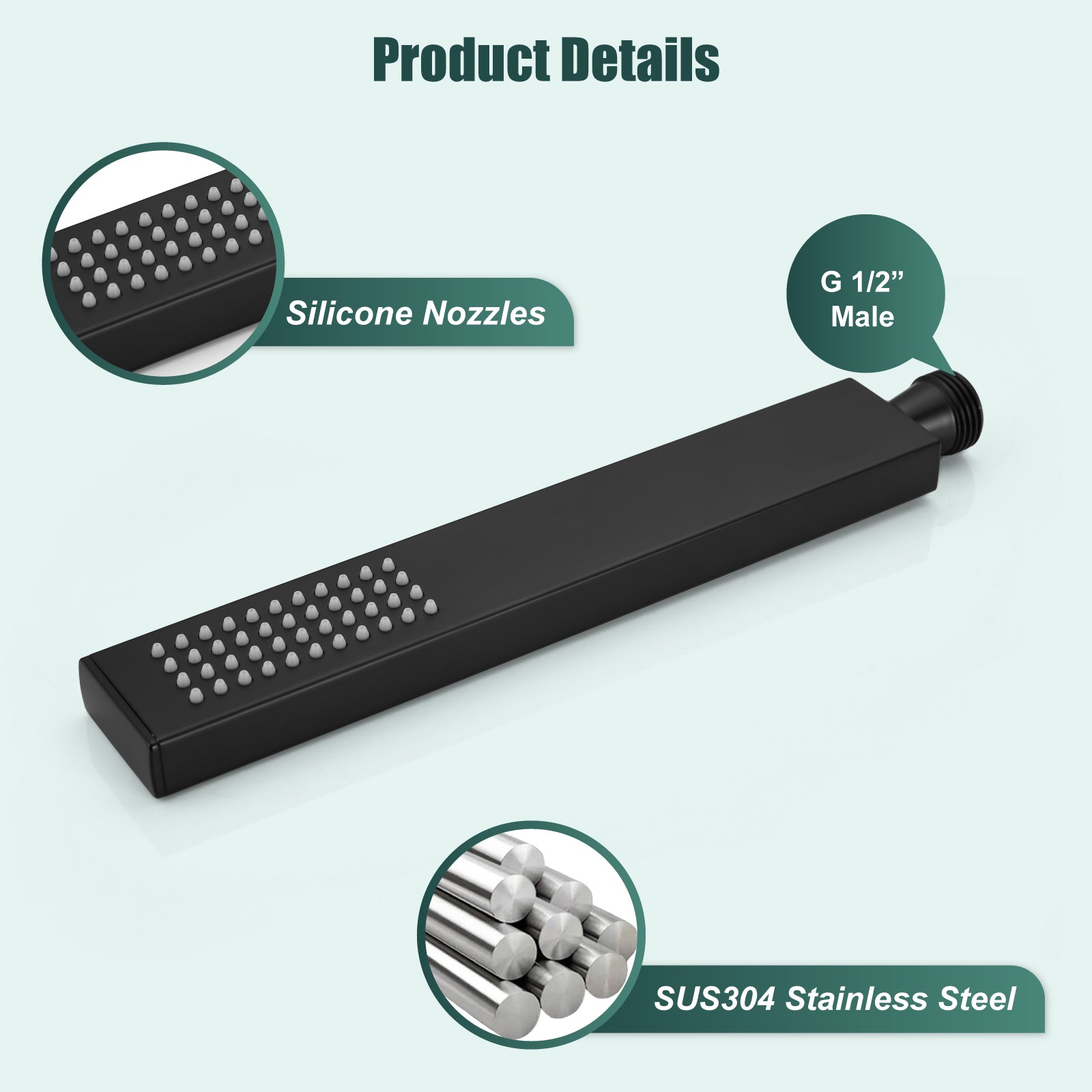 Heyalan Shower Wand SUS304 Stainless Steel Handheld Single Function Handheld Shower High Pressure Luxury Hand Shower Set High Flow Rectangle Straight Hand Shower Spray with Holder