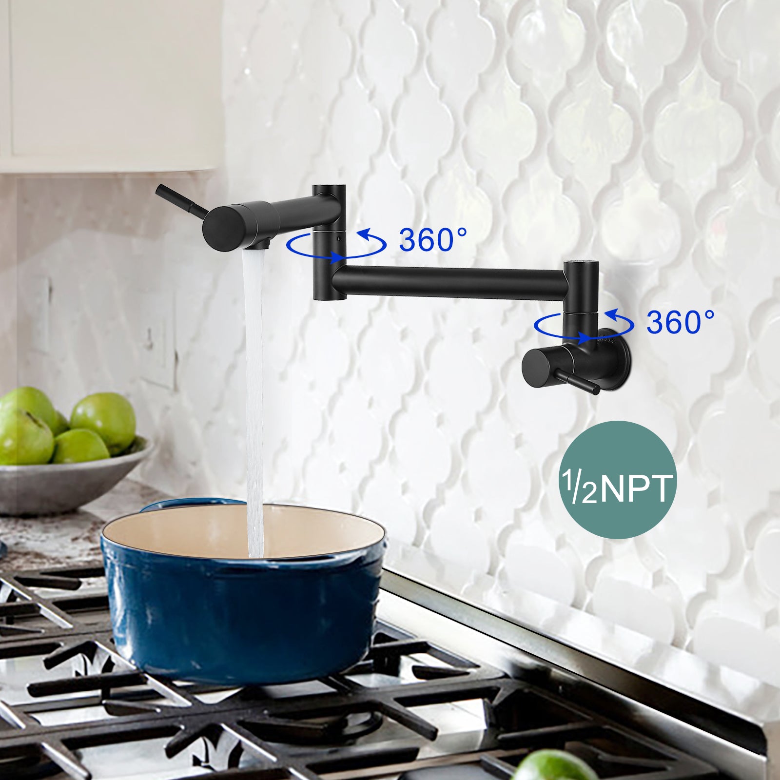 Heyalan Pot Filler 19 Inch Wall Mount Folding Stretchable Kitchen Restaurant Sink Faucet Stainless Steel Potfiller with Double Joint Swing Arm Single Hole Two Handles Commercial NPT