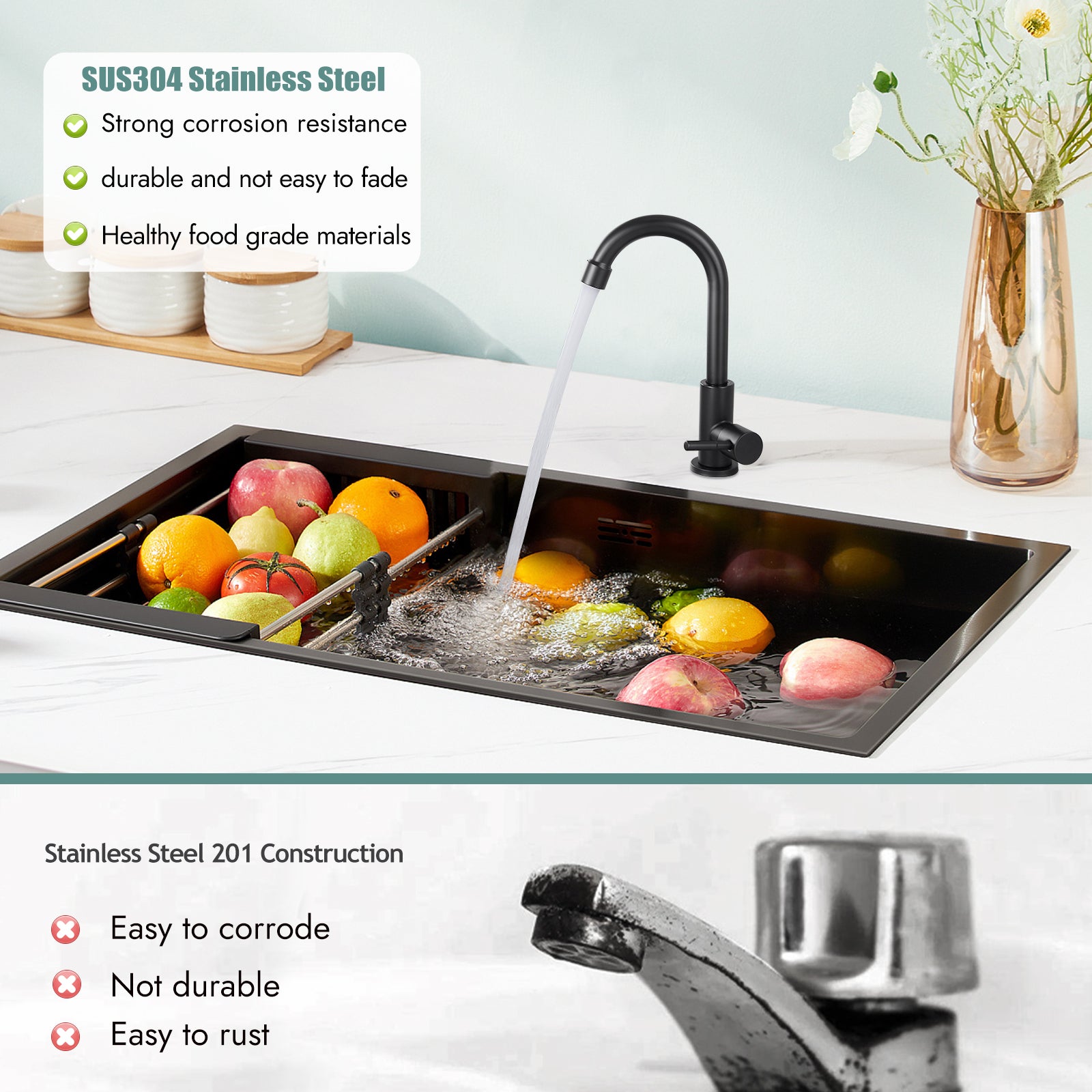 Cold Water Only Kitchen Faucet Single Handle 1 Hole Deck Mount 360 Degree Swivel Spout High Arc SUS304 Stainless Steel Sink Bar Tap Goose Neck with Hose(Drain Not Included)