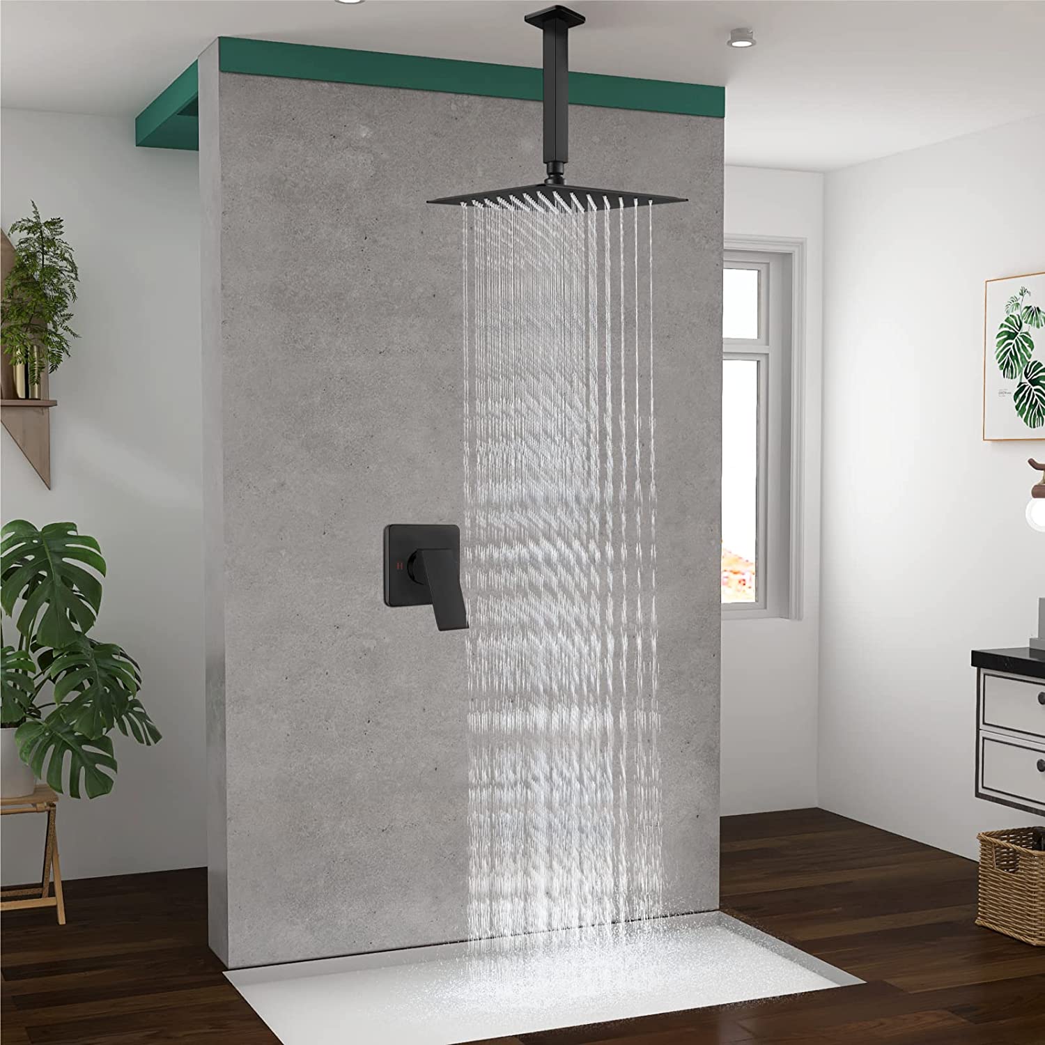 Heyalan Shower Trim Kit Ceiling Mount 10” Square SUS304 Bathroom Rainfall Shower Head and One Handle System 1 Function Mixer Shower Faucet Set with Rough-in Valve Male Thread