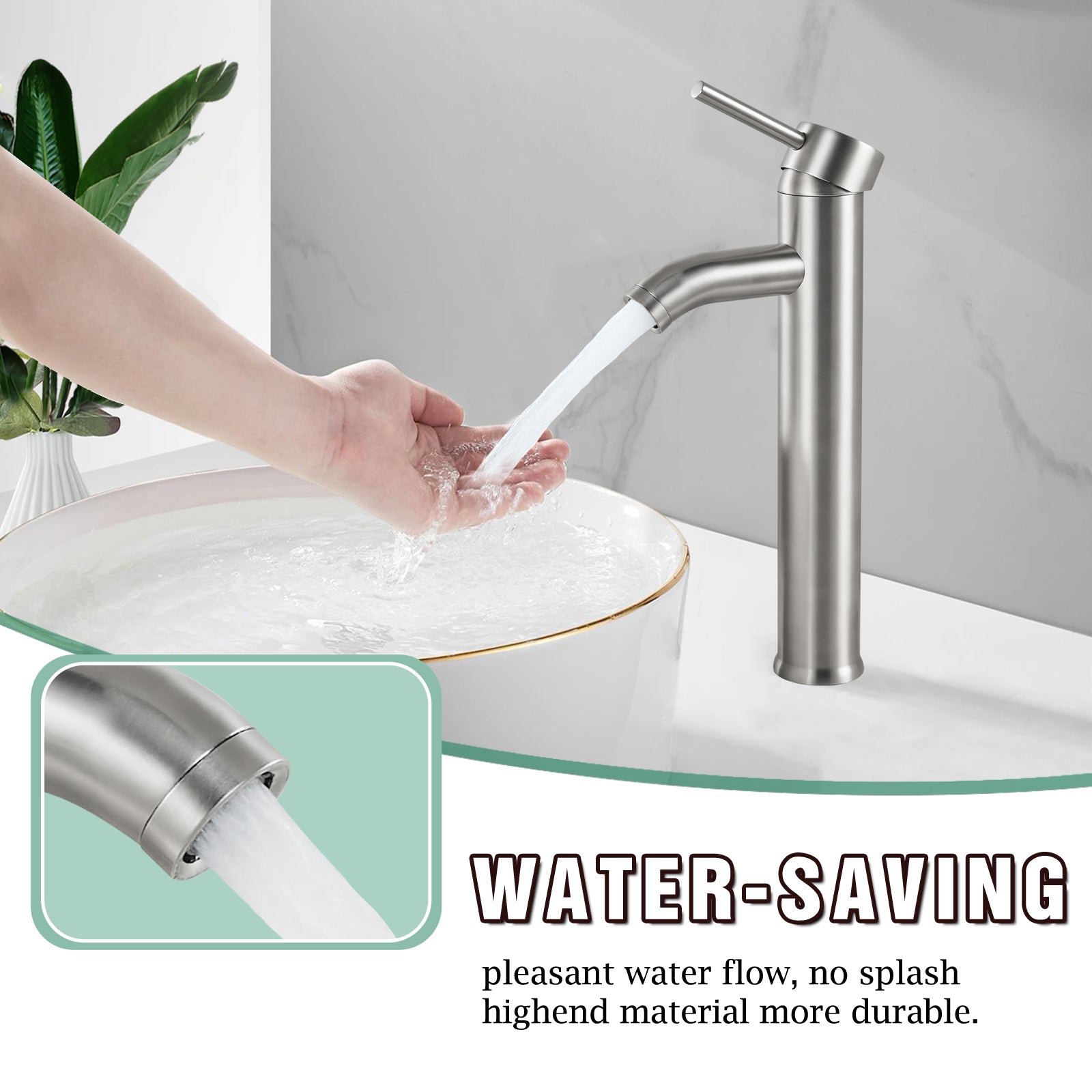 Heyalan Bathroom Faucet Vessel Sink Deck Mount SUS304 Stainless Steel Bowl Basin One Hole Single Handle Tall Spout Mixer Tap with Pop Up Drain