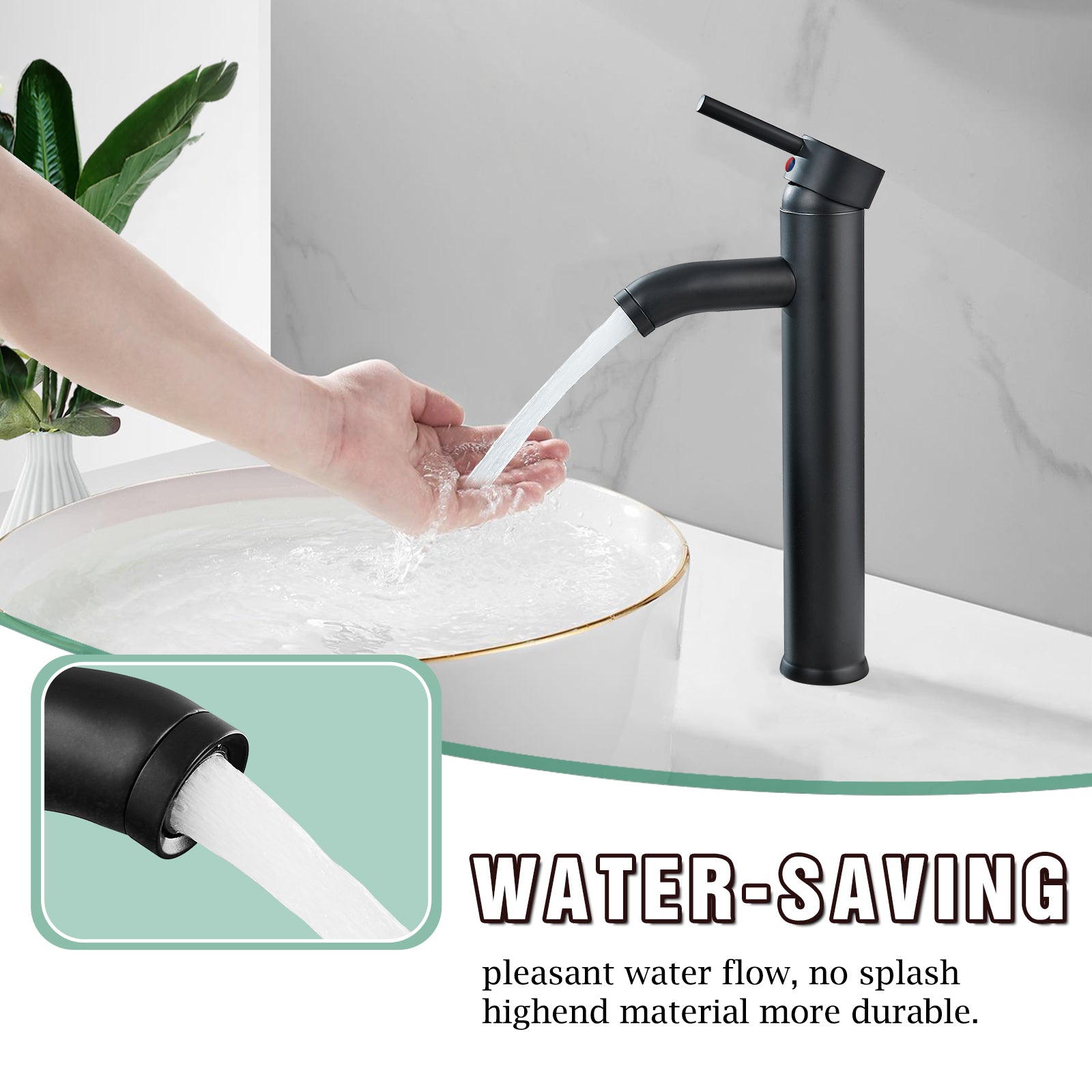 Heyalan Bathroom Faucet Vessel Sink Deck Mount SUS304 Stainless Steel Bowl Basin One Hole Single Handle Tall Spout Mixer Tap with Pop Up Drain
