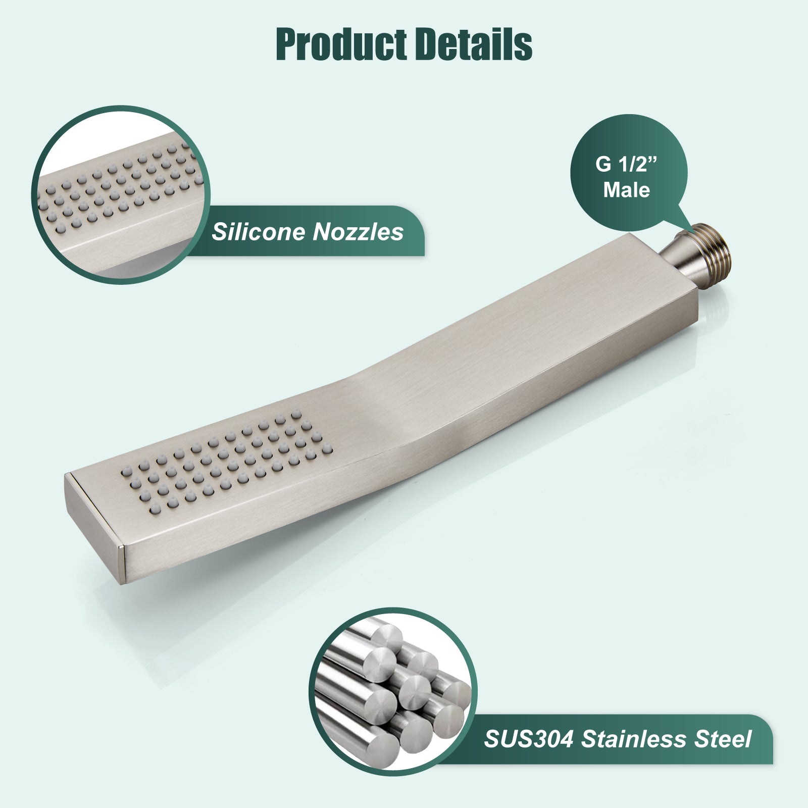 Heyalan Shower Wand SUS304 Stainless Steel Handheld Single Function Handheld Shower High Pressure Luxury Hand Shower Set High Flow Rectangle Curved Hand Shower Spray