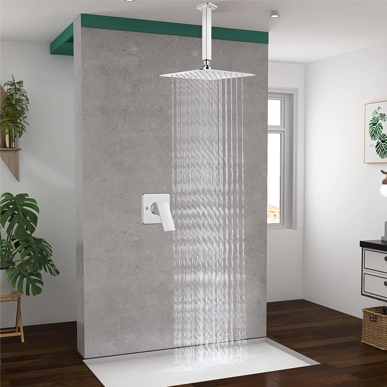 Heyalan Shower Trim Kit Ceiling Mount 10” Square SUS304 Bathroom Rainfall Shower Head and One Handle System 1 Function Mixer Shower Faucet Set with Rough-in Valve Male Thread