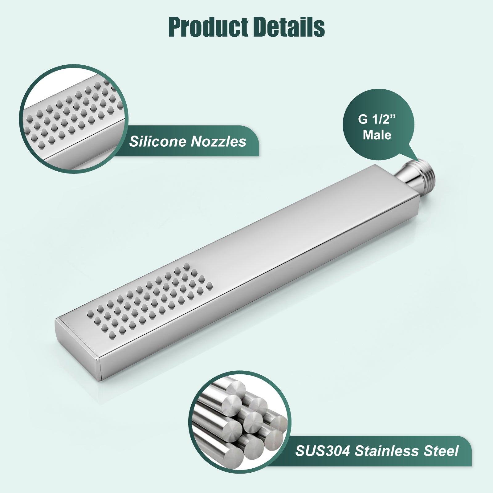Heyalan Shower Wand SUS304 Stainless Steel Handheld Single Function Handheld Shower High Pressure Luxury Hand Shower Set High Flow Rectangle Straight Hand Shower Spray with Holder