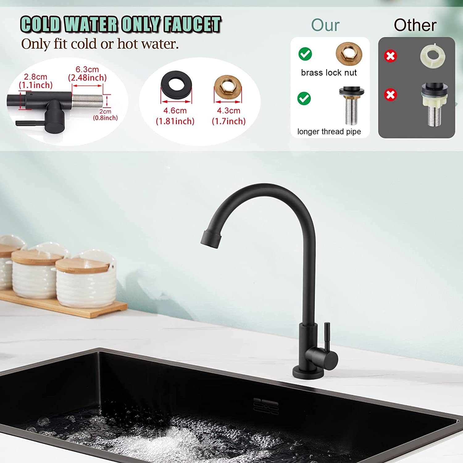 Kitchen Faucet Cold Water Only 1 Hole Single Handle 360 Degree Swivel Spout Deck Mount High Arc SUS304 Sink Bar Tap Goose Neck with Hose and Longer Thread Pipe