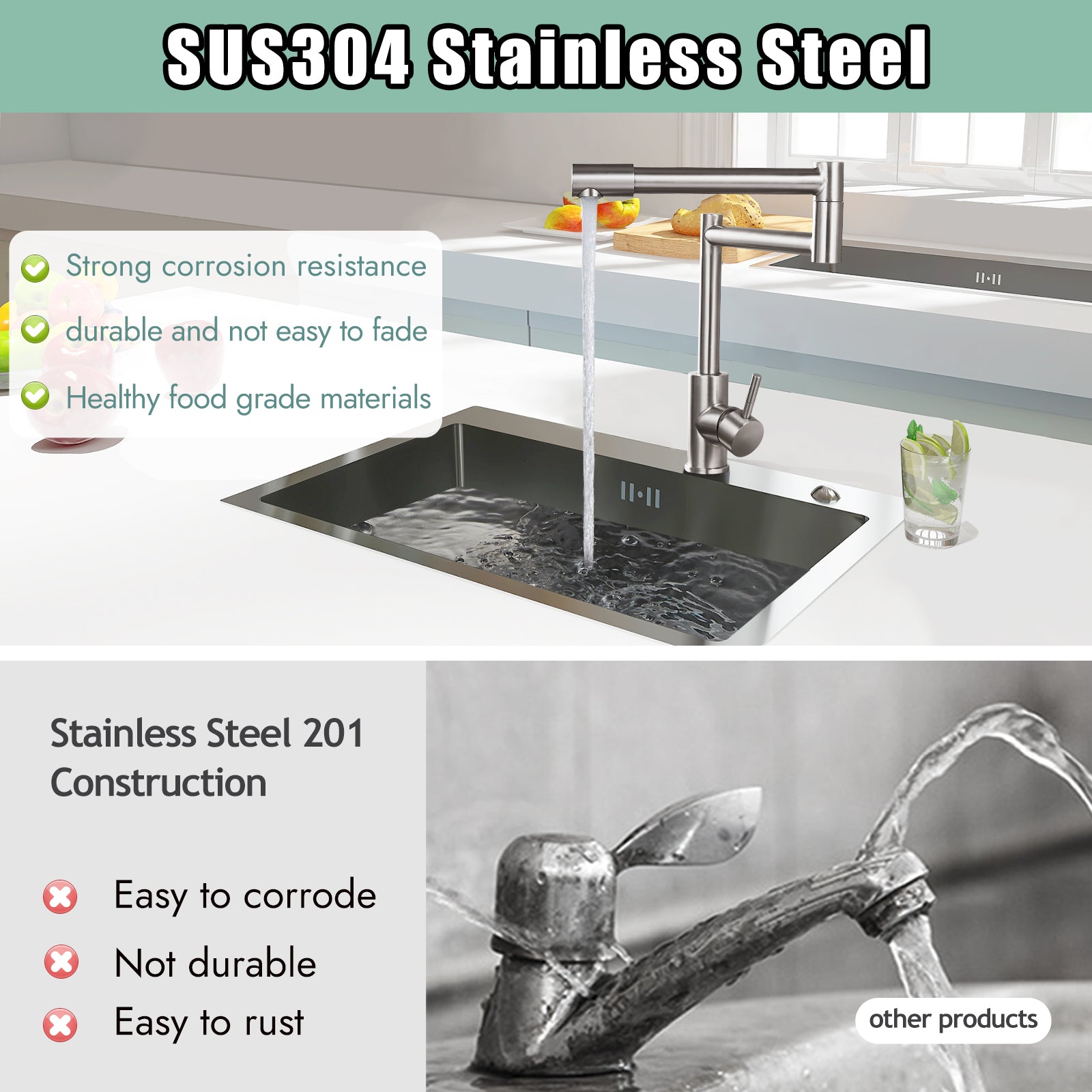 Heyalan  Pot Filler Faucet Deck Mounted Single Handle Double Joints Free Rotating Modern Deck Mounted Countertop Retractable Commercial Kitchen Sink Faucet Stainless Steel
