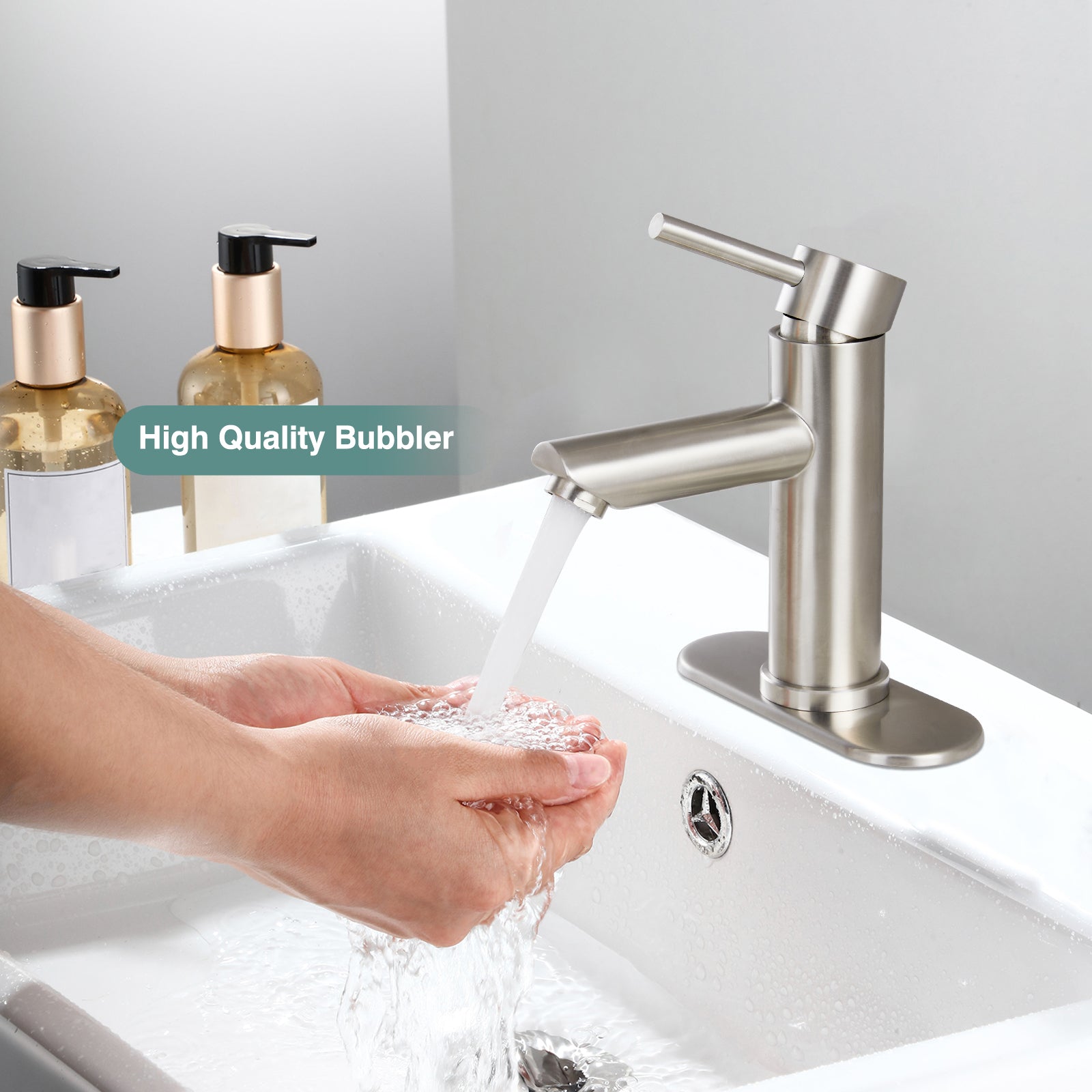 Heyalan Bathroom Sink Faucet Stainless Steel SUS304 Brushed Nickel Single Handle 1 Hole Hot and Cold Water Deck Mount Lavatory Faucet Kitchen Tap with Pop Up Drain