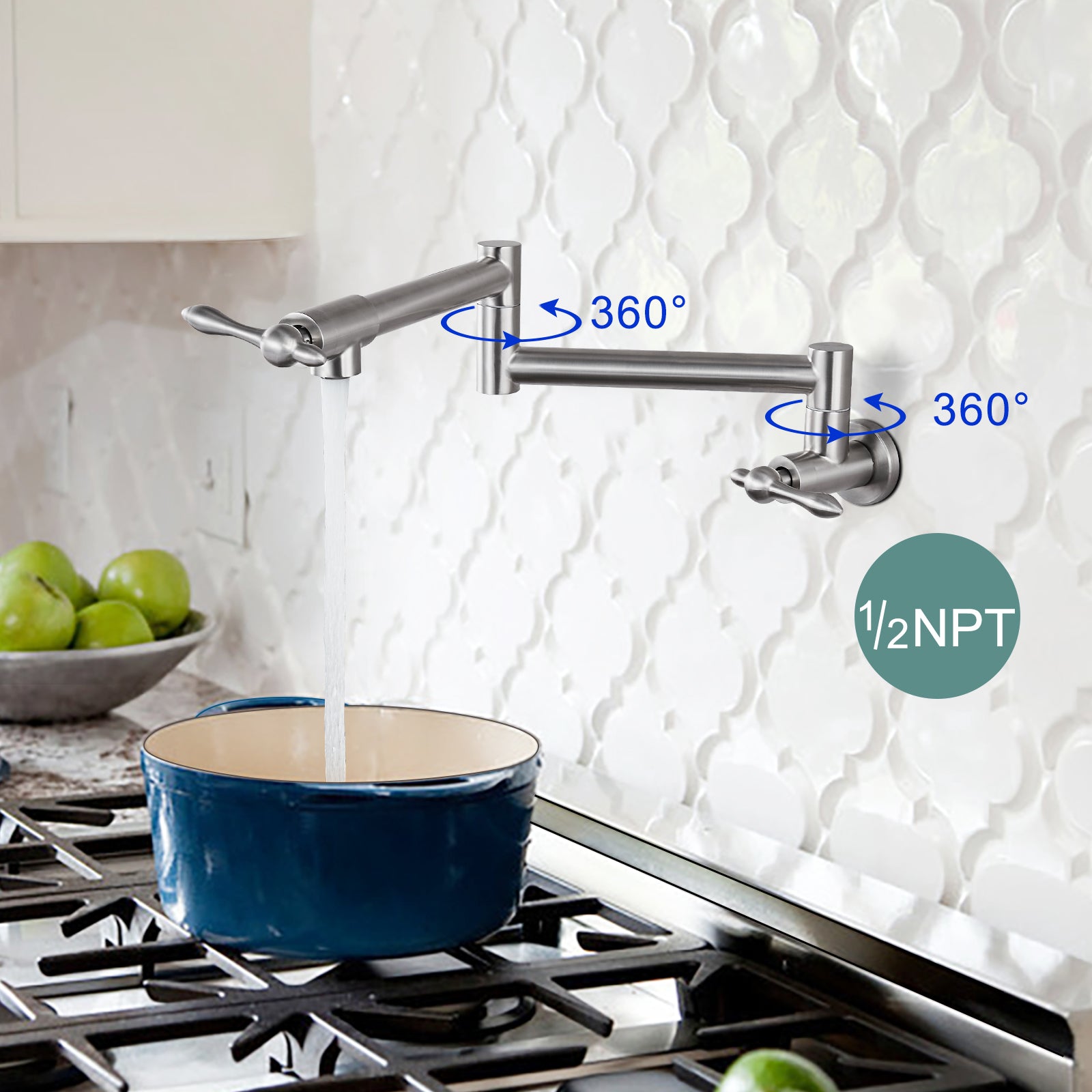 Heyalan Stainless Steel SUS304 19" Pot Filler Faucet Double Joint Spout Stretchable Swing Arm with Single Hole Two Handles Wall Mounted Commercial Kitchen Sink Faucet