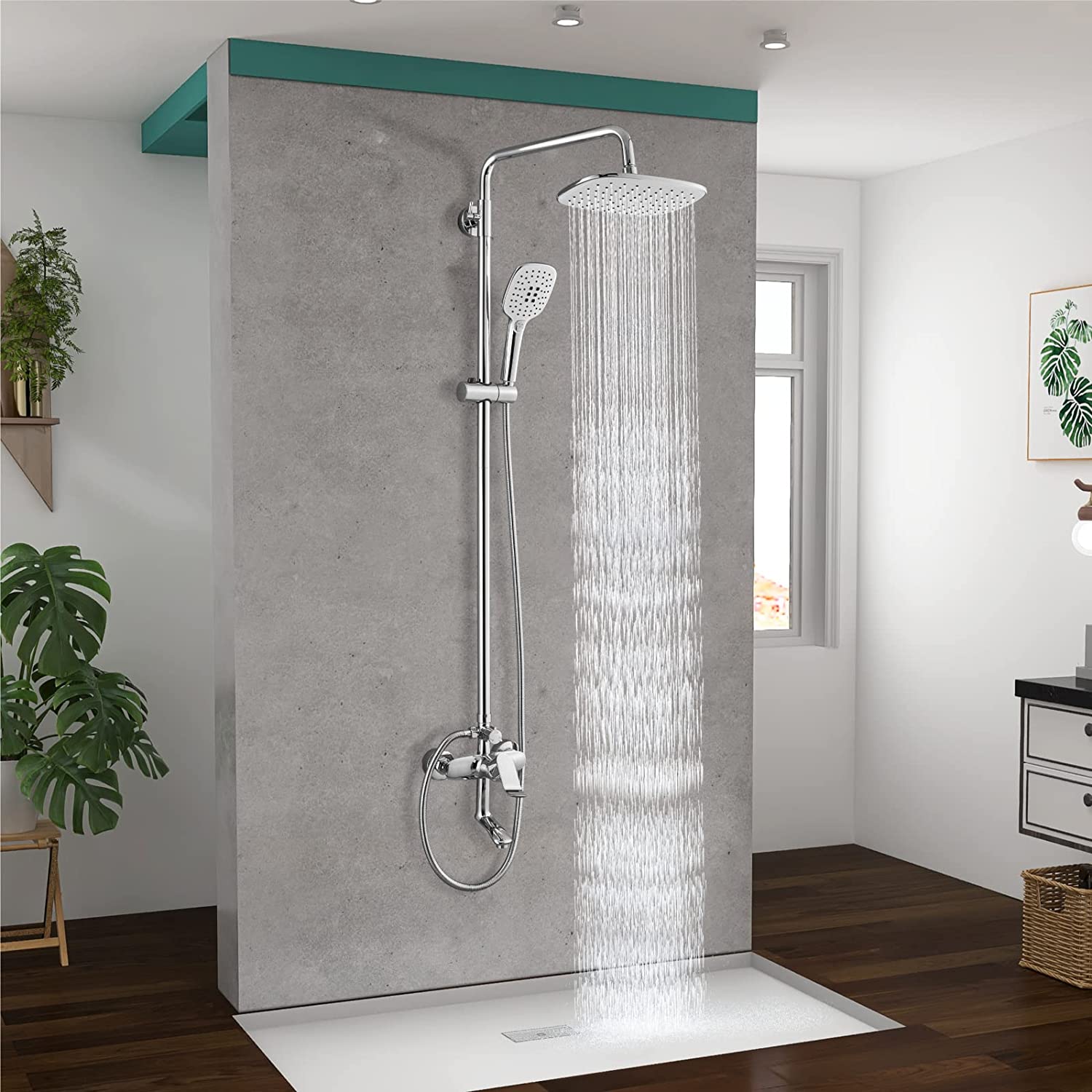 Exposed Shower System Polish Chrome 3 Functional Bathroom Shower Set 9 Inch Rainfall Shower Head with Handheld Sprayer Complete Set Adjustable Hand Spray Tub Spout Wall Mount