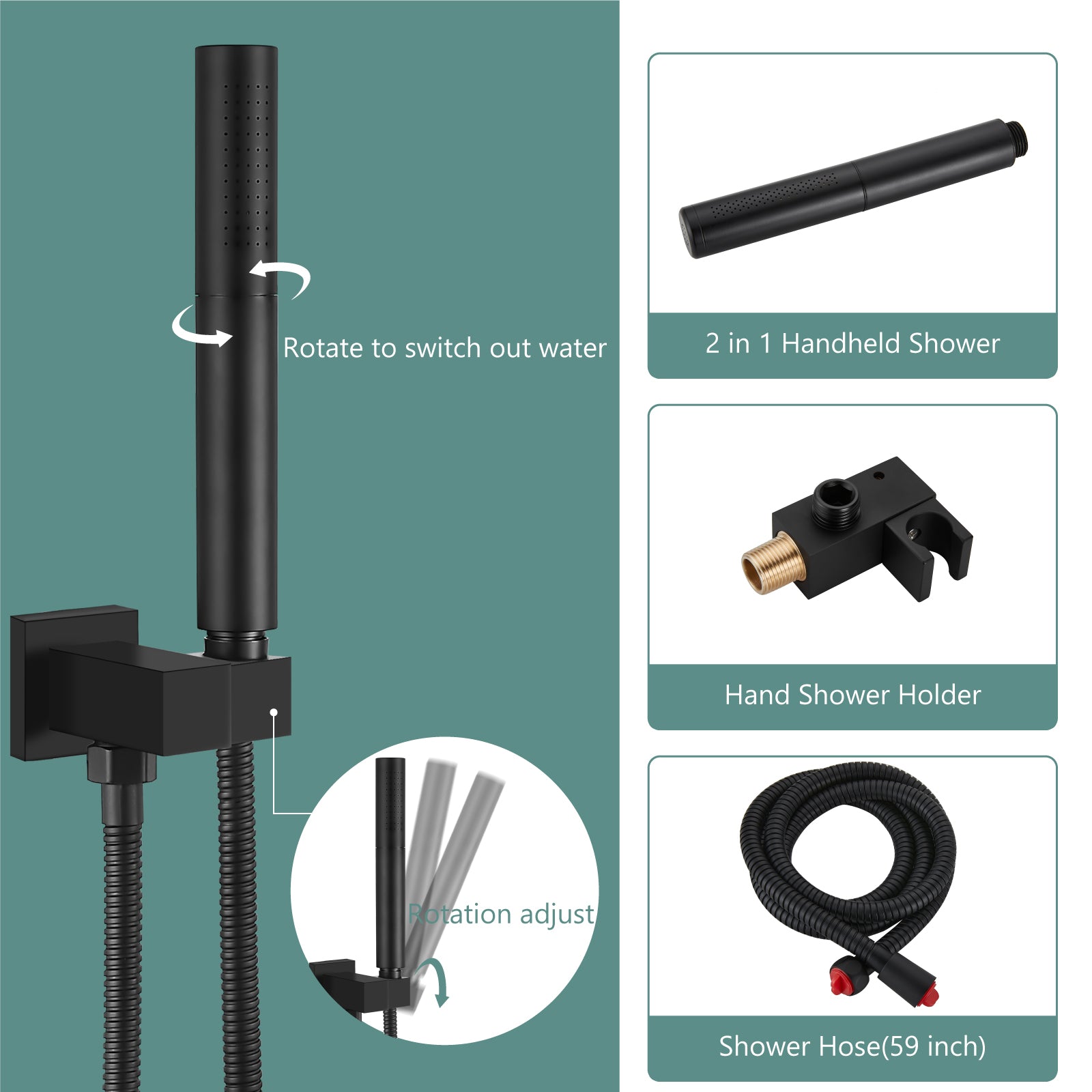 Heyalan Shower Faucet Set Ceiling Mount Square Showerhead Bathroom Rainfall Shower System SUS304 Stainless Steel Shower Trim Kit 2 in 1 Handheld shower with Rough-in Valve