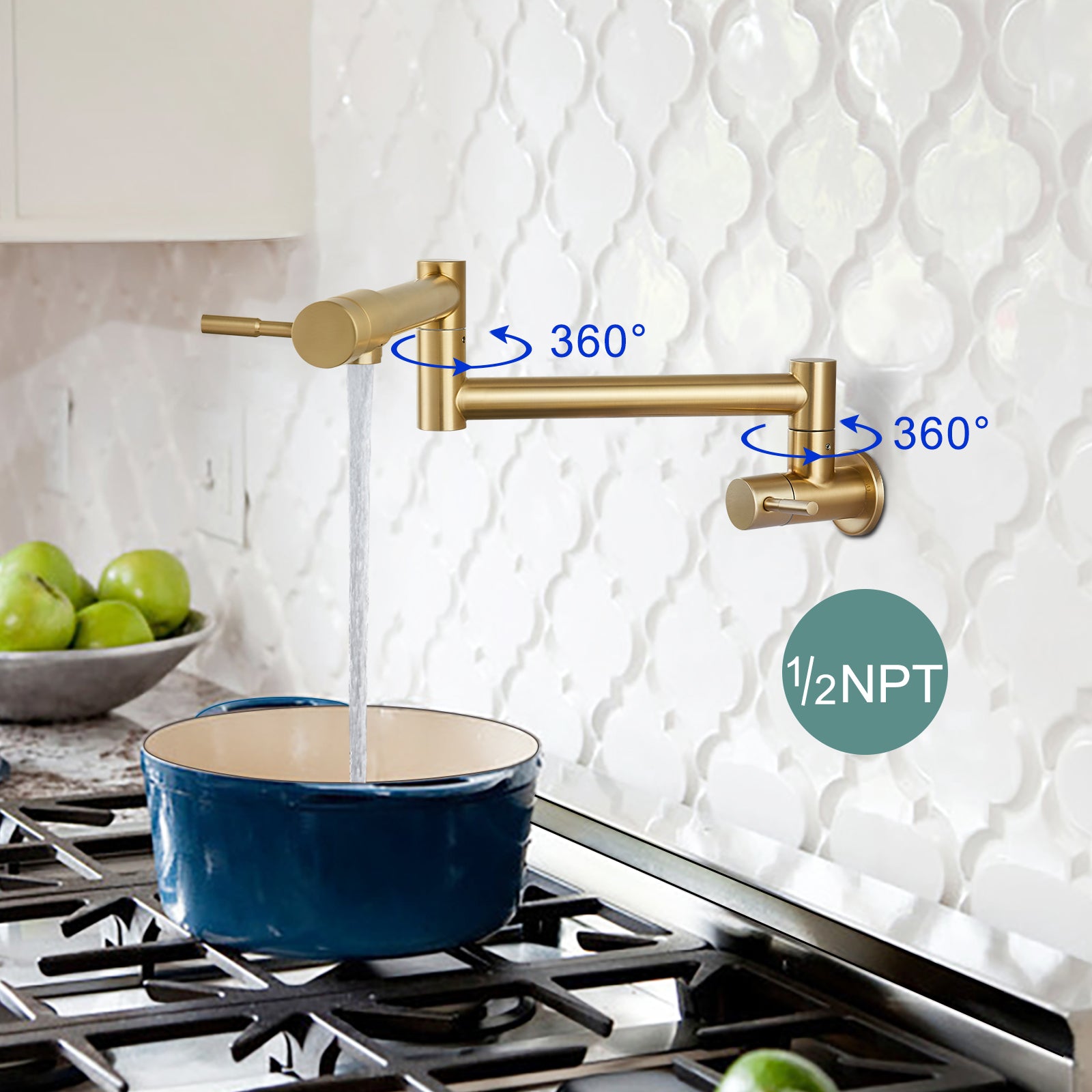 Heyalan Pot Filler 19 Inch Wall Mount Folding Stretchable Kitchen Restaurant Sink Faucet Stainless Steel Potfiller with Double Joint Swing Arm Single Hole Two Handles Commercial NPT