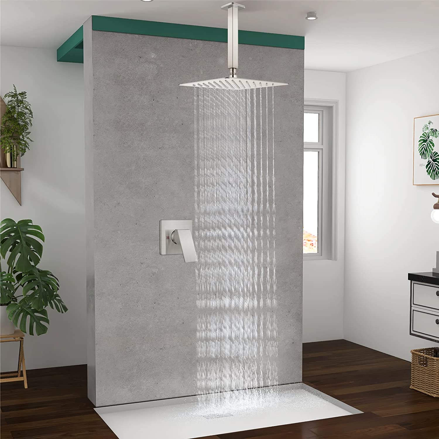 Heyalan Shower Trim Kit Ceiling Mount 10” Square SUS304 Bathroom Rainfall Shower Head and One Handle System 1 Function Mixer Shower Faucet Set with Rough-in Valve Male Thread