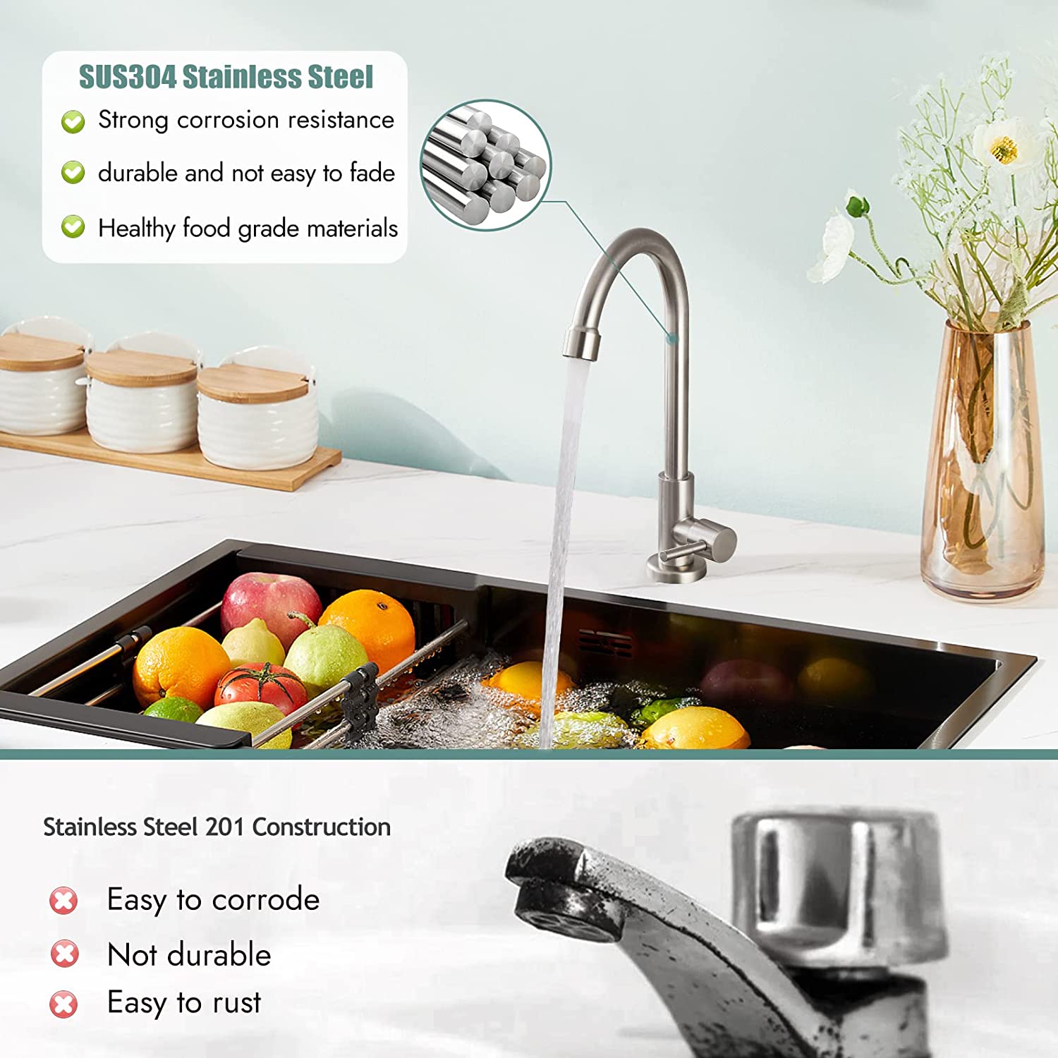 Kitchen Faucet Cold Water Only 1 Hole Single Handle 360 Degree Swivel Spout Deck Mount High Arc SUS304 Sink Bar Tap Goose Neck with Hose and Longer Thread Pipe