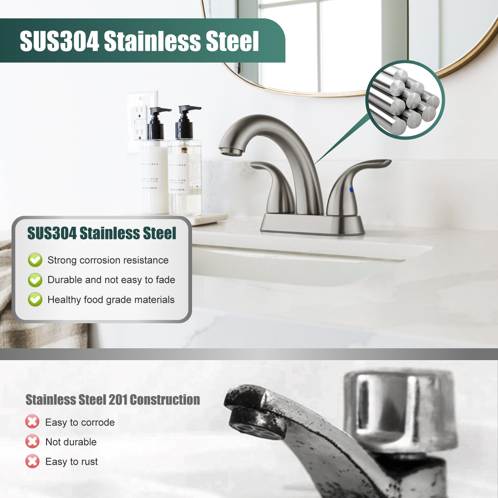 Heyalan Swivel Spout 2 Handle Lever Lavatory Bathroom Vessel Sink Faucet 4-Inch Centerset Deck Mount Mixer Tap with Pop-up Drain Stainless Steel