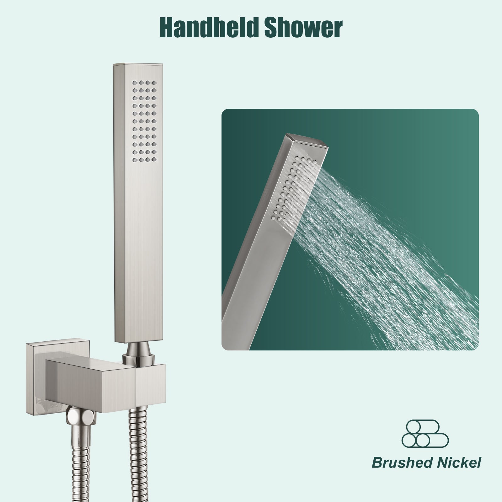 Heyalan Shower Wand SUS304 Stainless Steel Handheld Single Function Handheld Shower High Pressure Luxury Hand Shower Set High Flow Rectangle Straight Hand Shower Spray with Holder