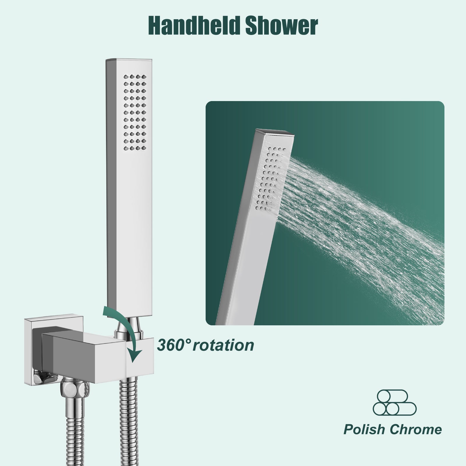 Heyalan Shower Wand SUS304 Stainless Steel Handheld Single Function Handheld Shower High Pressure Luxury Hand Shower Set High Flow Rectangle Straight Hand Shower Spray with Holder