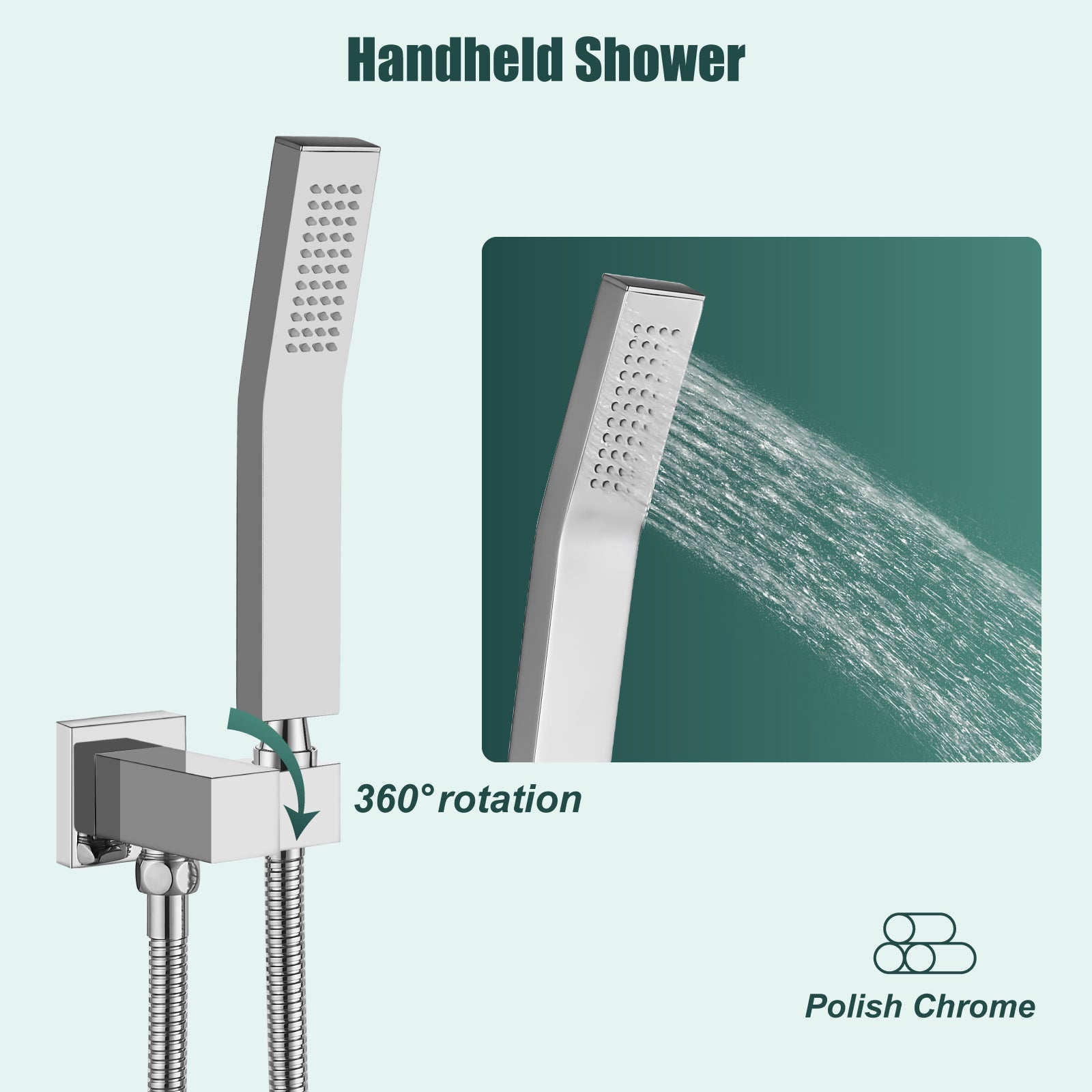 Heyalan Shower Wand SUS304 Stainless Steel Handheld Single Function Handheld Shower High Pressure Luxury Hand Shower Set High Flow Rectangle Curved Hand Shower Spray with Holder