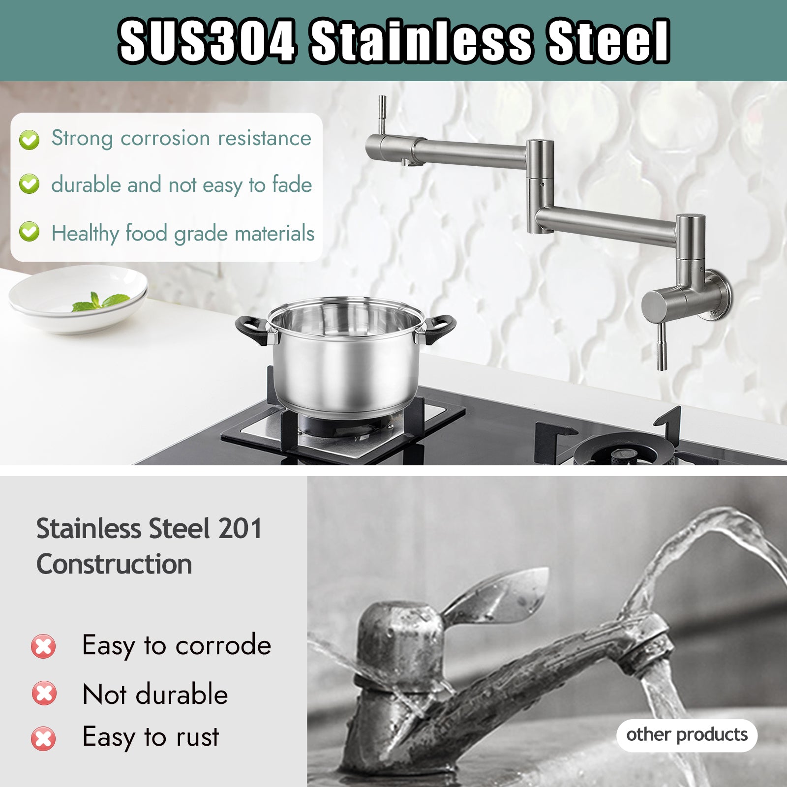 Heyalan Pot Filler 19 Inch Wall Mount Folding Stretchable Kitchen Restaurant Sink Faucet Stainless Steel Potfiller with Double Joint Swing Arm Single Hole Two Handles Commercial NPT