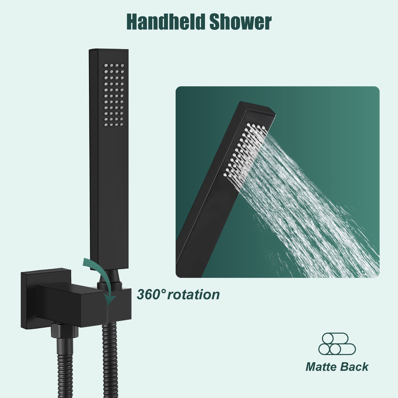 Heyalan Shower Wand SUS304 Stainless Steel Handheld Single Function Handheld Shower High Pressure Luxury Hand Shower Set High Flow Rectangle Straight Hand Shower Spray with Holder