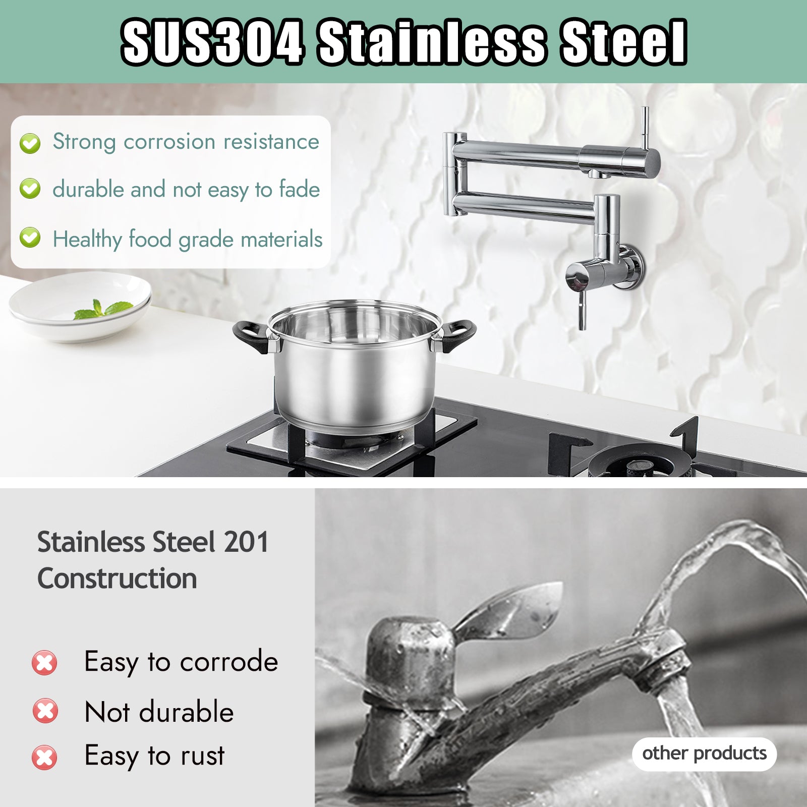 Heyalan Pot Filler 19 Inch Wall Mount Folding Stretchable Kitchen Restaurant Sink Faucet Stainless Steel Potfiller with Double Joint Swing Arm Single Hole Two Handles Commercial NPT