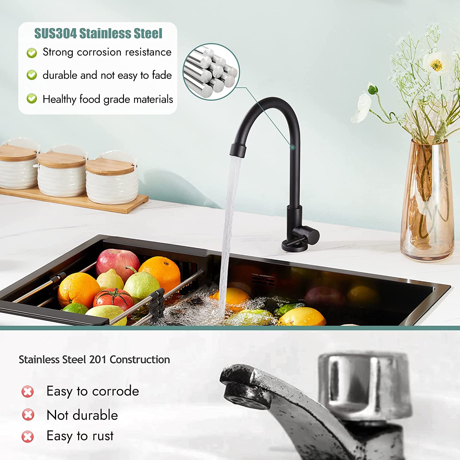 Kitchen Faucet Cold Water Only 1 Hole Single Handle 360 Degree Swivel Spout Deck Mount High Arc SUS304 Sink Bar Tap Goose Neck with Hose and Longer Thread Pipe