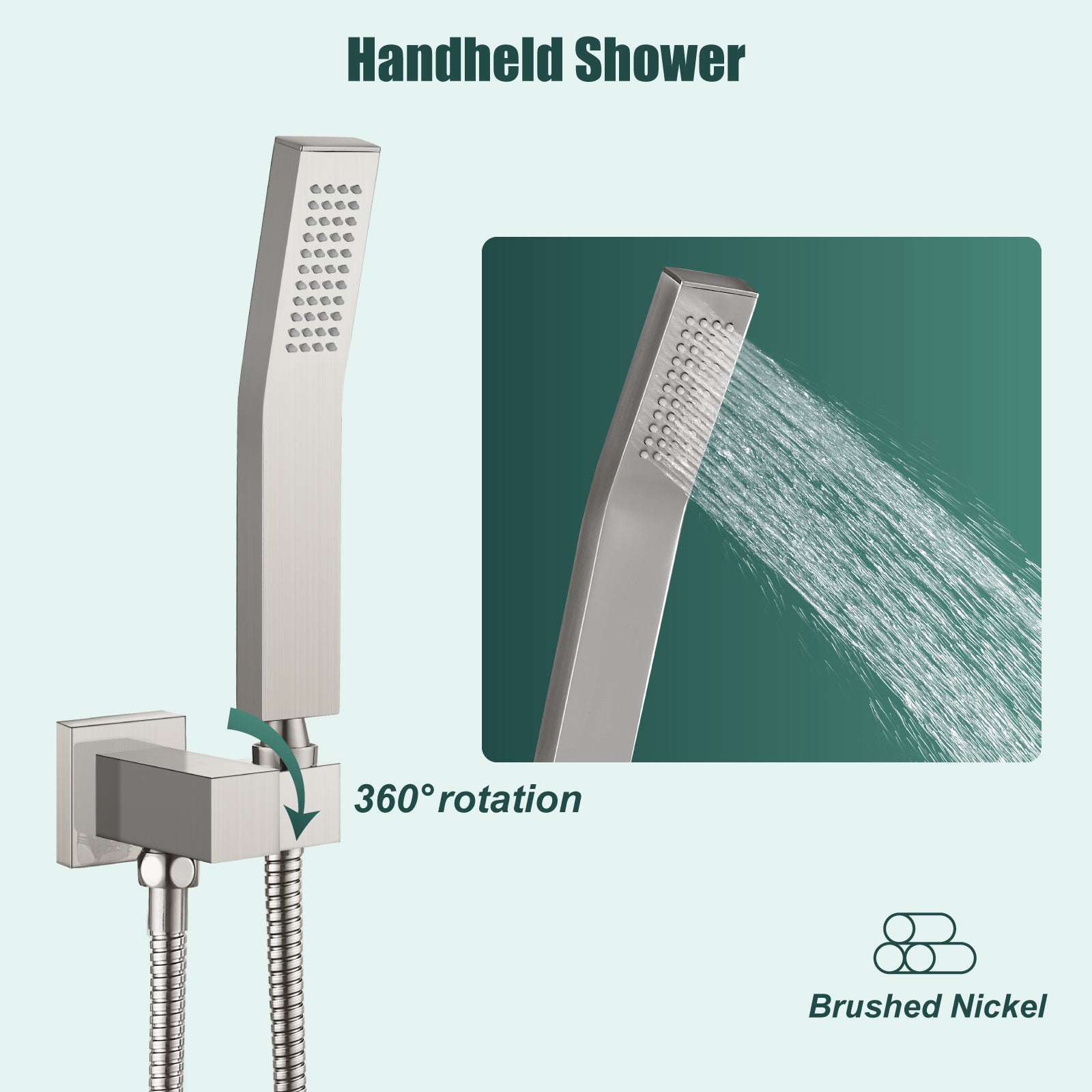 Heyalan Shower Wand SUS304 Stainless Steel Handheld Single Function Handheld Shower High Pressure Luxury Hand Shower Set High Flow Rectangle Curved Hand Shower Spray with Holder