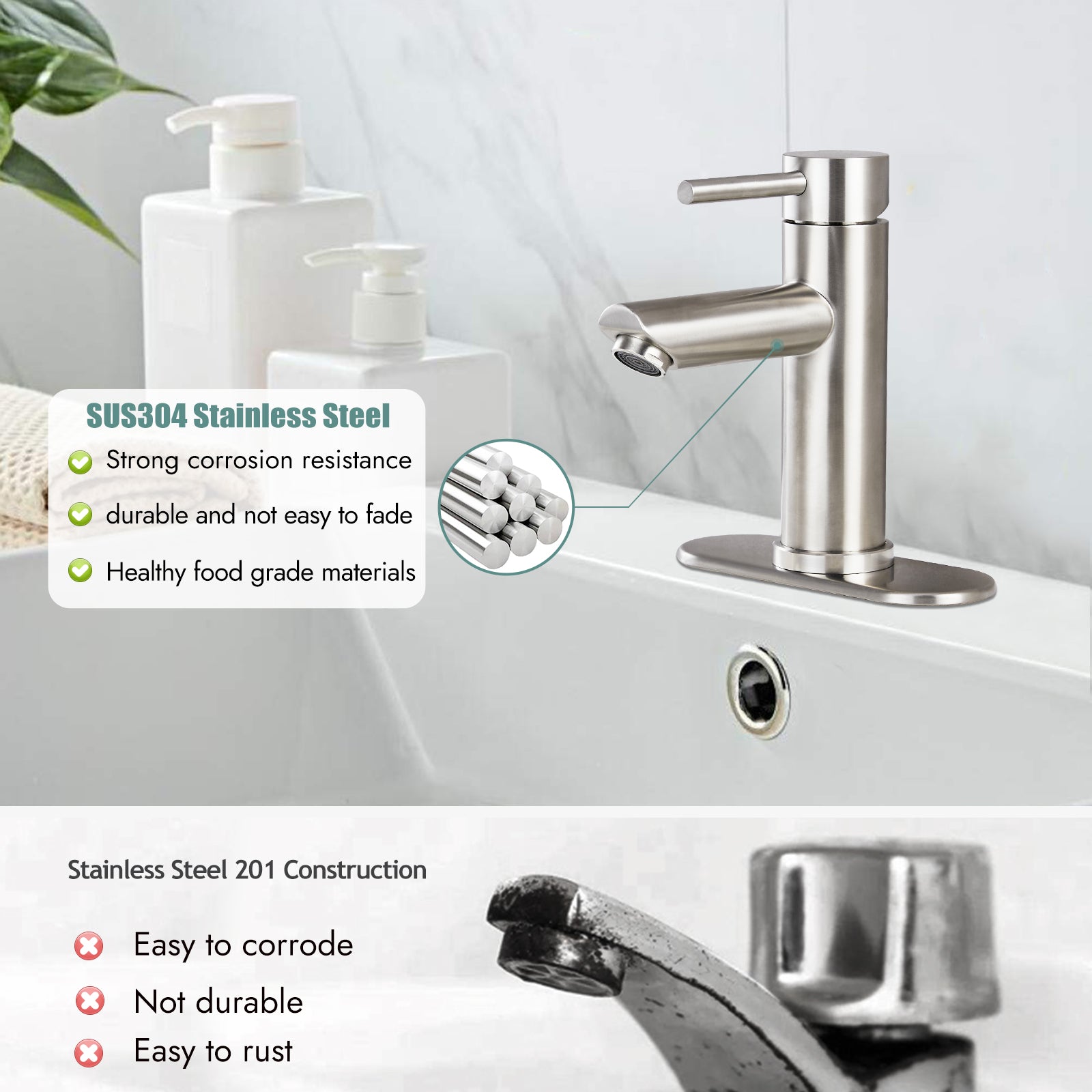 Heyalan Bathroom Sink Faucet Stainless Steel SUS304 Brushed Nickel Single Handle 1 Hole Hot and Cold Water Deck Mount Lavatory Faucet Kitchen Tap with Pop Up Drain