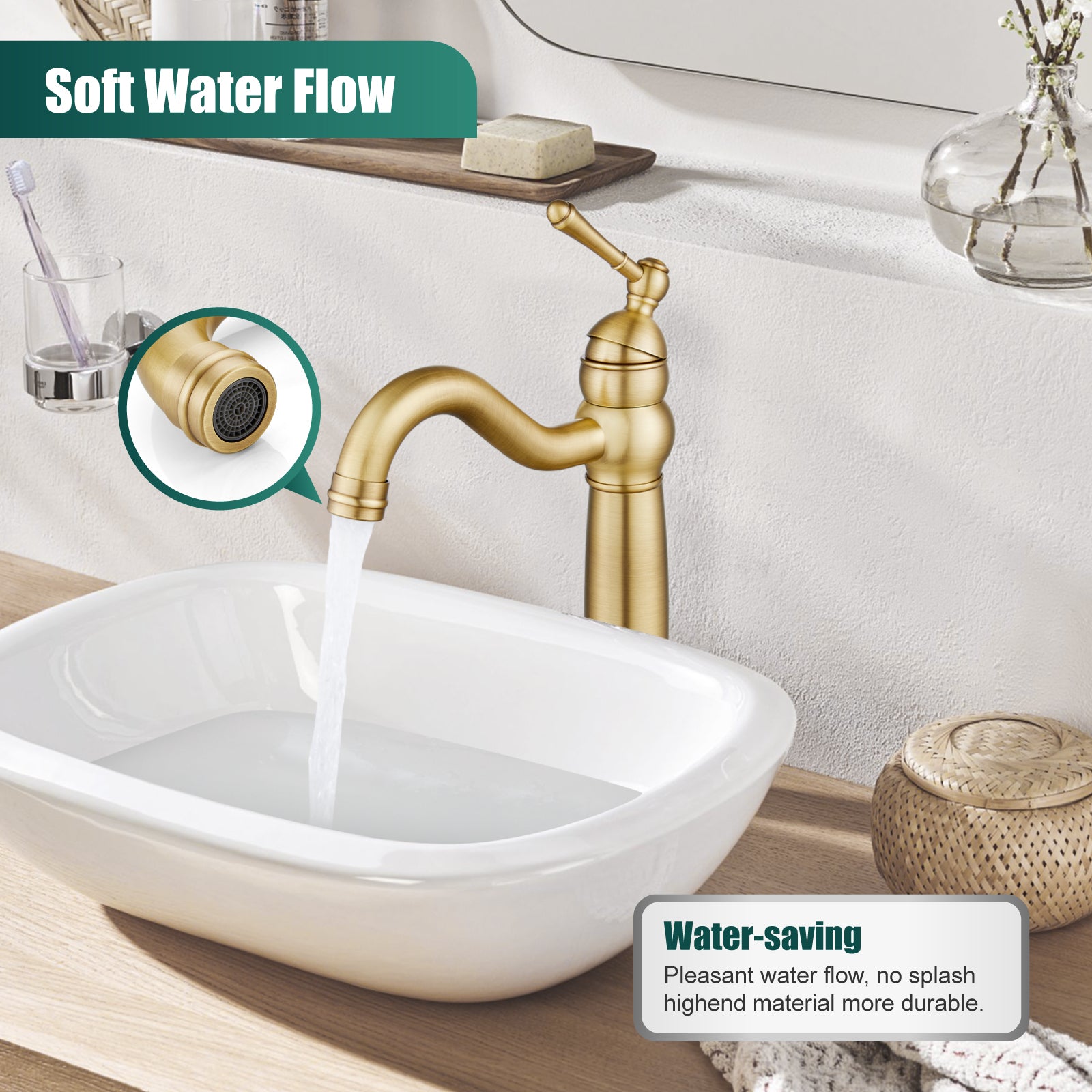 Heyalan Bathroom Vessel Sink Faucet Deck Mount Single Hole One Handle Vintage Lavatory Basin Spout Vanity Tall Mixer Tap Solid Brass Antique Assembly with Pop-up Drain