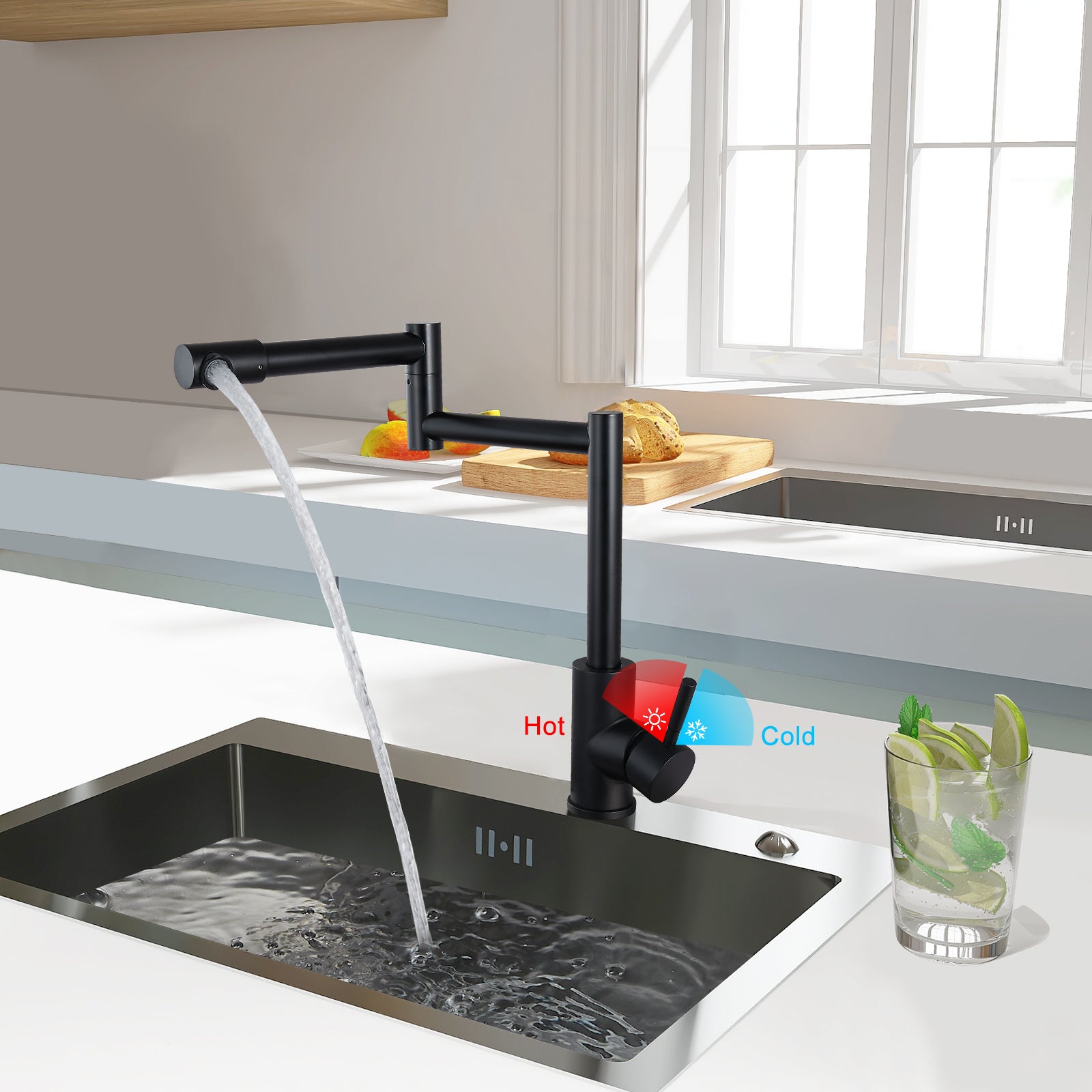 Heyalan  Pot Filler Faucet Deck Mounted Single Handle Double Joints Free Rotating Modern Deck Mounted Countertop Retractable Commercial Kitchen Sink Faucet Stainless Steel