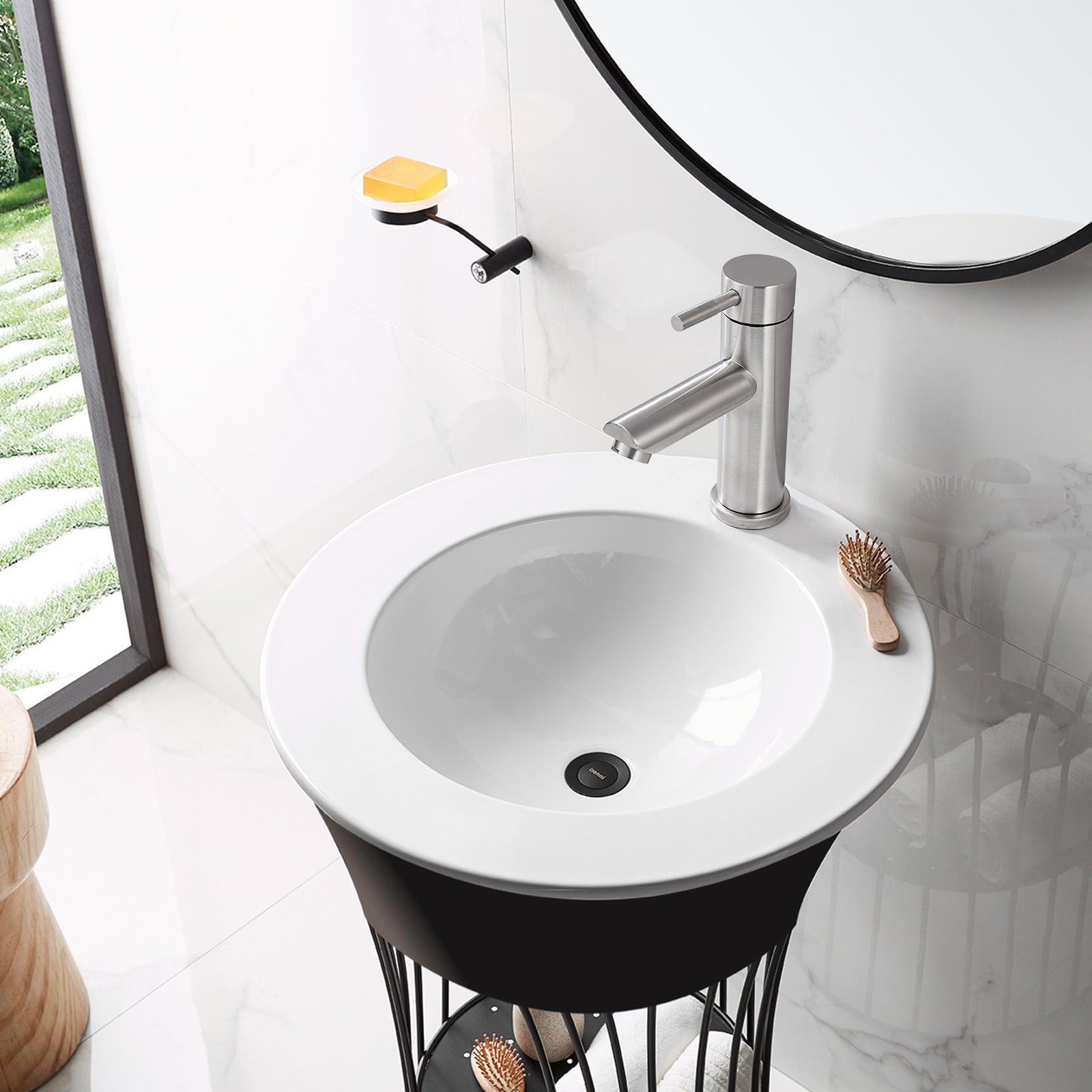 Cold Water Only Bathroom Sink Faucet Stainless Steel SUS304 Brushed Nickel Single Handle One Hole Deck Mount Lavatory Faucet (Drain Not Included)
