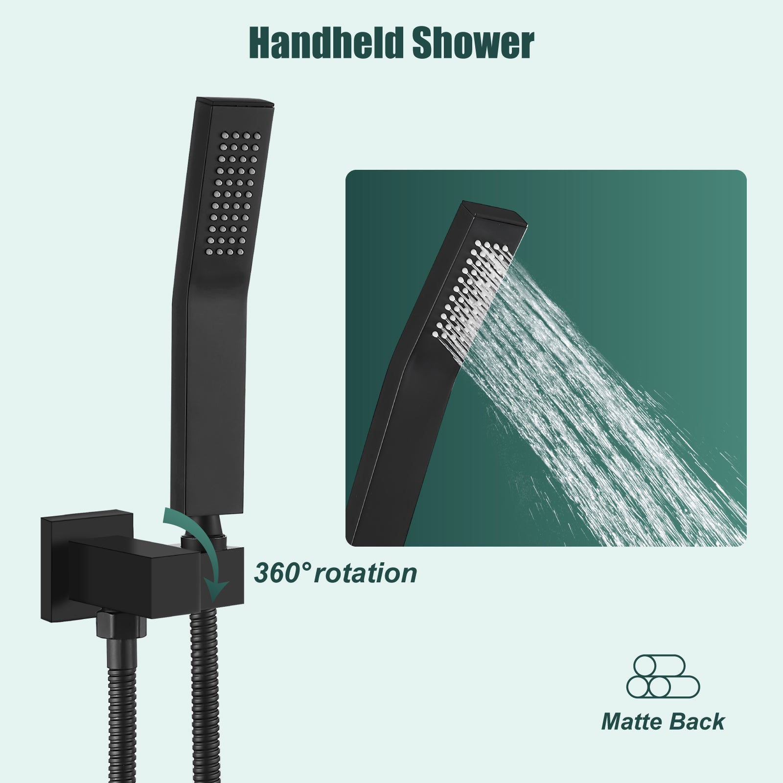 Heyalan Shower Wand SUS304 Stainless Steel Handheld Single Function Handheld Shower High Pressure Luxury Hand Shower Set High Flow Rectangle Curved Hand Shower Spray with Holder