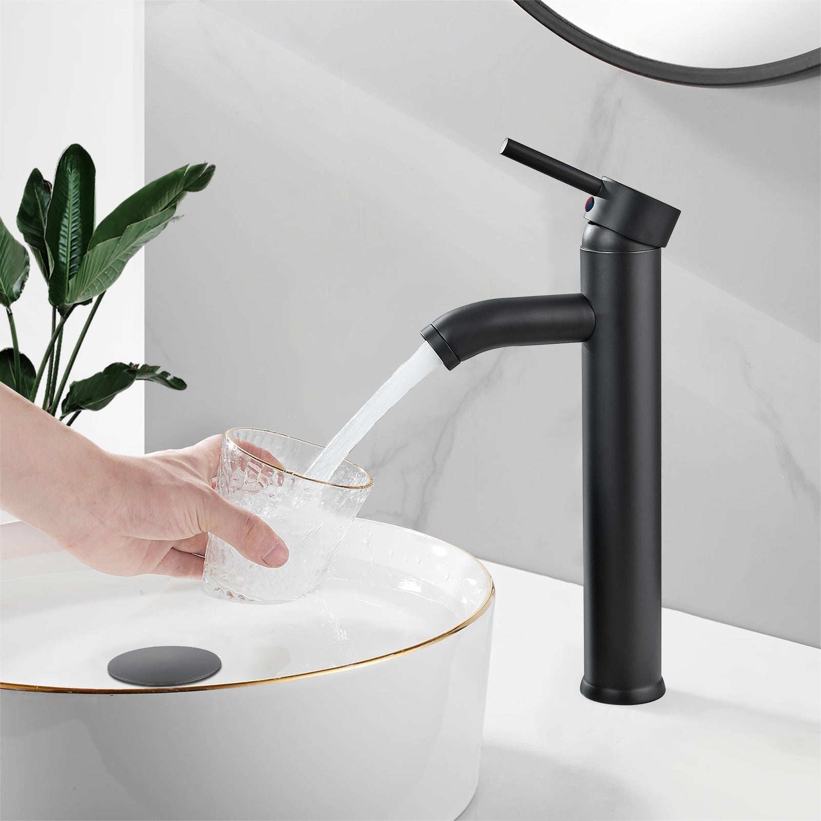 Heyalan Bathroom Faucet Vessel Sink Deck Mount SUS304 Stainless Steel Bowl Basin One Hole Single Handle Tall Spout Mixer Tap with Pop Up Drain