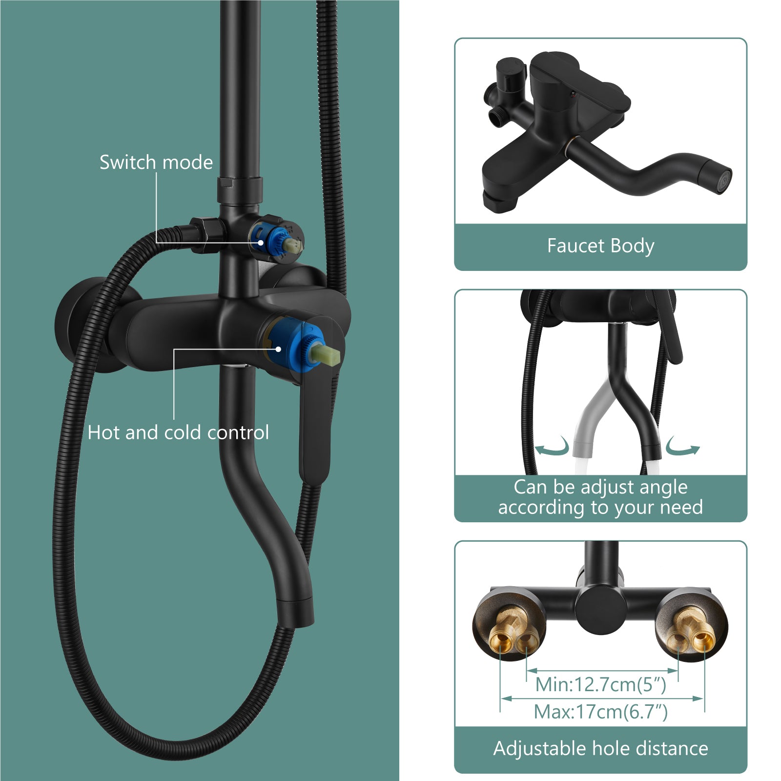 Exposed Shower System Faucet Set Bathroom 8 Inch ABS Single 1 Handle ABS Shower Head Handheld Shower Adjustable Slide Bar Hand Spray Tub Spout Wall Mount Complete Set