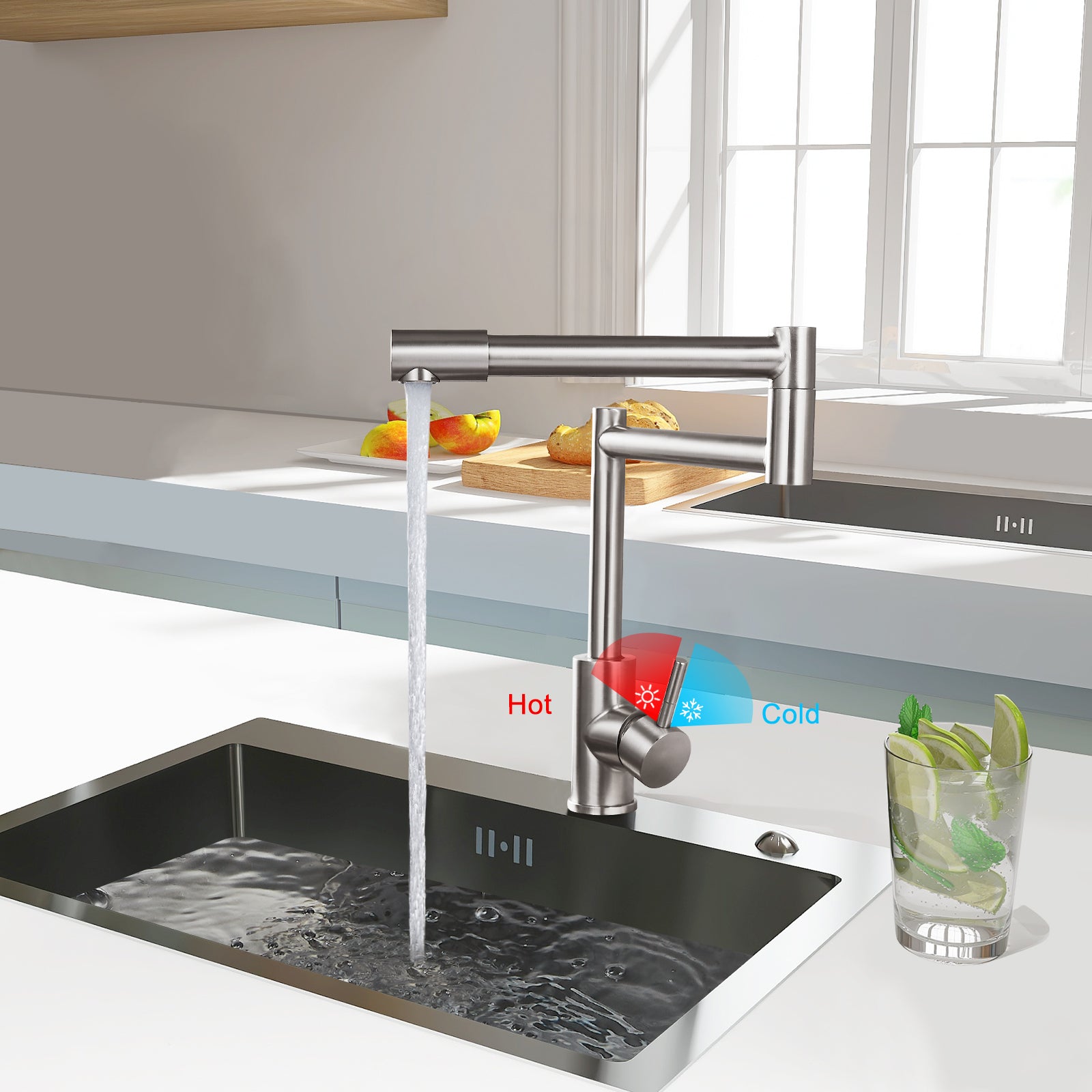 Heyalan  Pot Filler Faucet Deck Mounted Single Handle Double Joints Free Rotating Modern Deck Mounted Countertop Retractable Commercial Kitchen Sink Faucet Stainless Steel