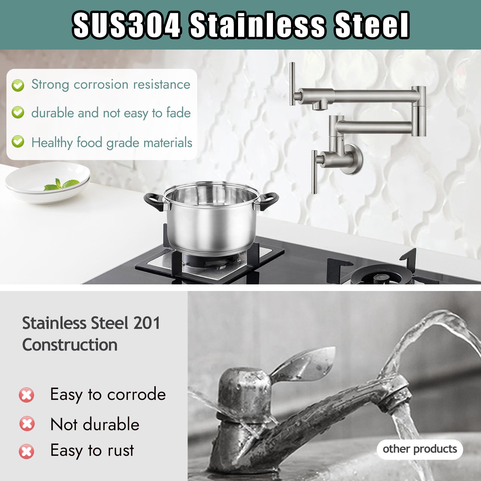Heyalan 19" Stainless Steel SUS304 Pot Filler Faucet Wall Mounted Double Joint Swing Folding Arms with Two Handles Single Hole Commercial Kitchen Sink Faucet to Control Water Stovetop