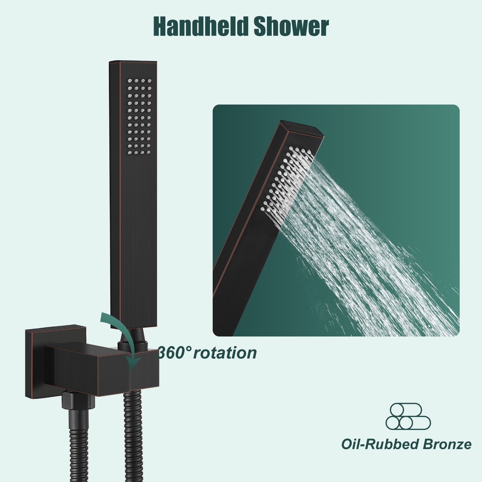Heyalan Shower Wand SUS304 Stainless Steel Handheld Single Function Handheld Shower High Pressure Luxury Hand Shower Set High Flow Rectangle Straight Hand Shower Spray with Holder