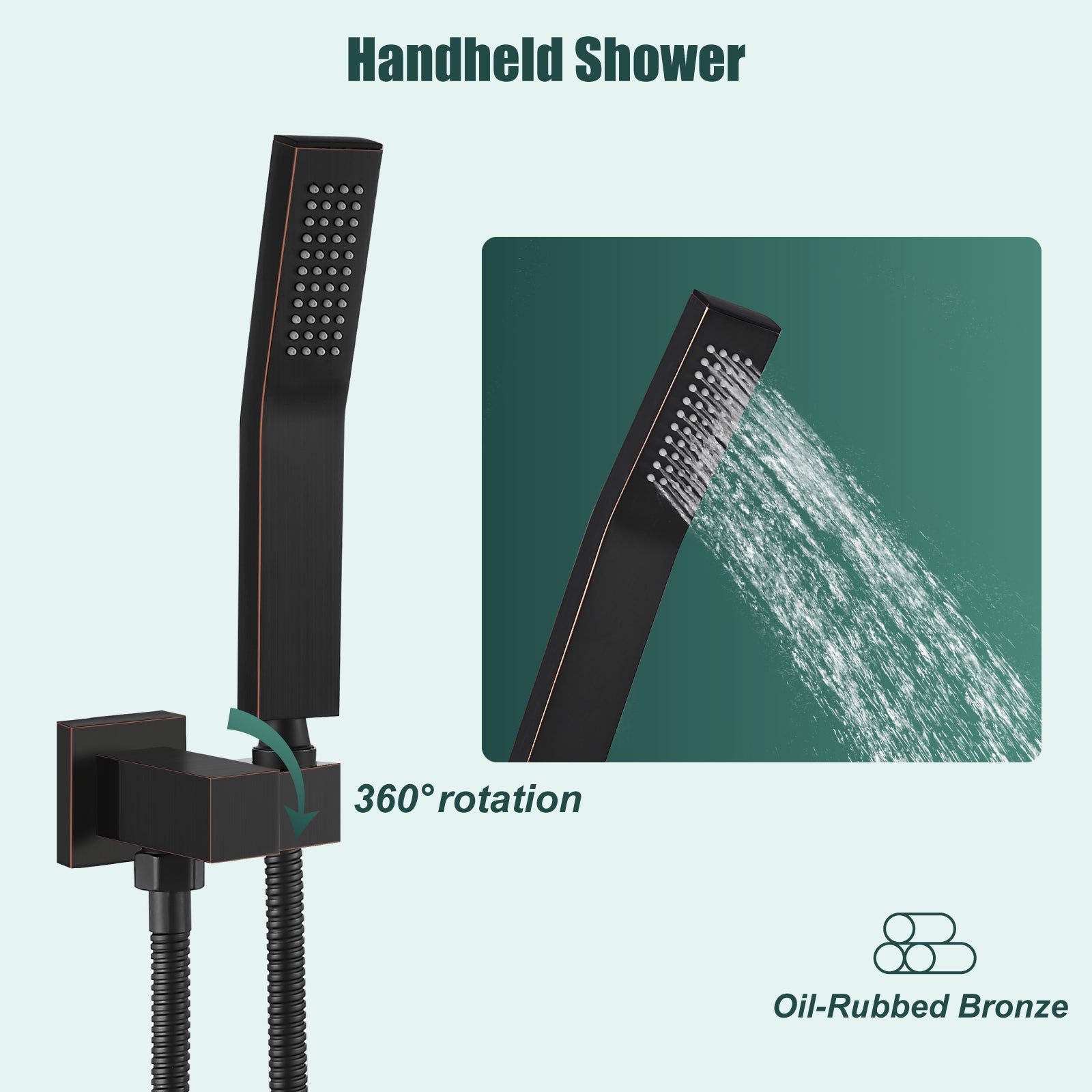 Heyalan Shower Wand SUS304 Stainless Steel Handheld Single Function Handheld Shower High Pressure Luxury Hand Shower Set High Flow Rectangle Curved Hand Shower Spray with Holder