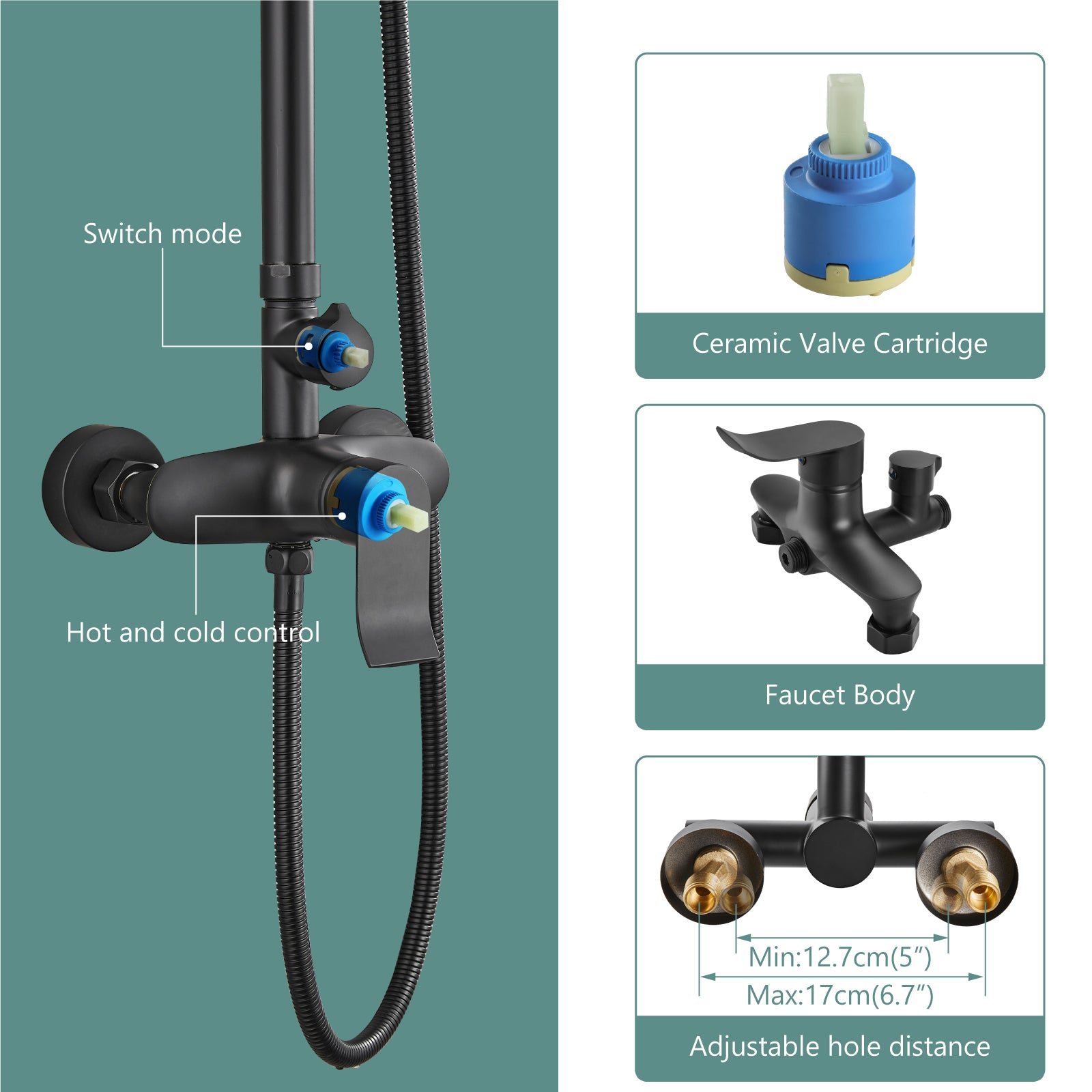 Exposed Shower System Dual Function Bathroom Shower Faucet 8 Inch Square Swivel Rainfall Shower Head with Handheld Adjustable Complete Set Wall Mount