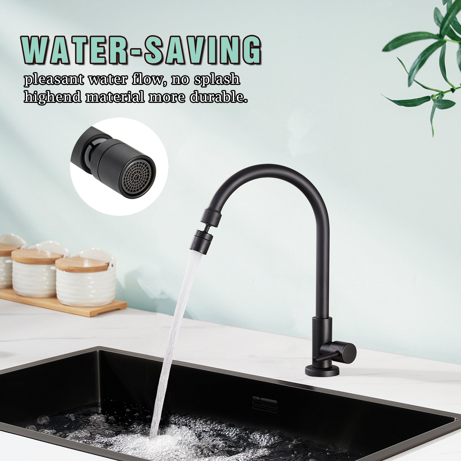 Heyalan Cold Water Only Kitchen Faucet 360 Degree Swivel Spout Matte Black High Arc Sink Tap Brass Faucet Goose Neck