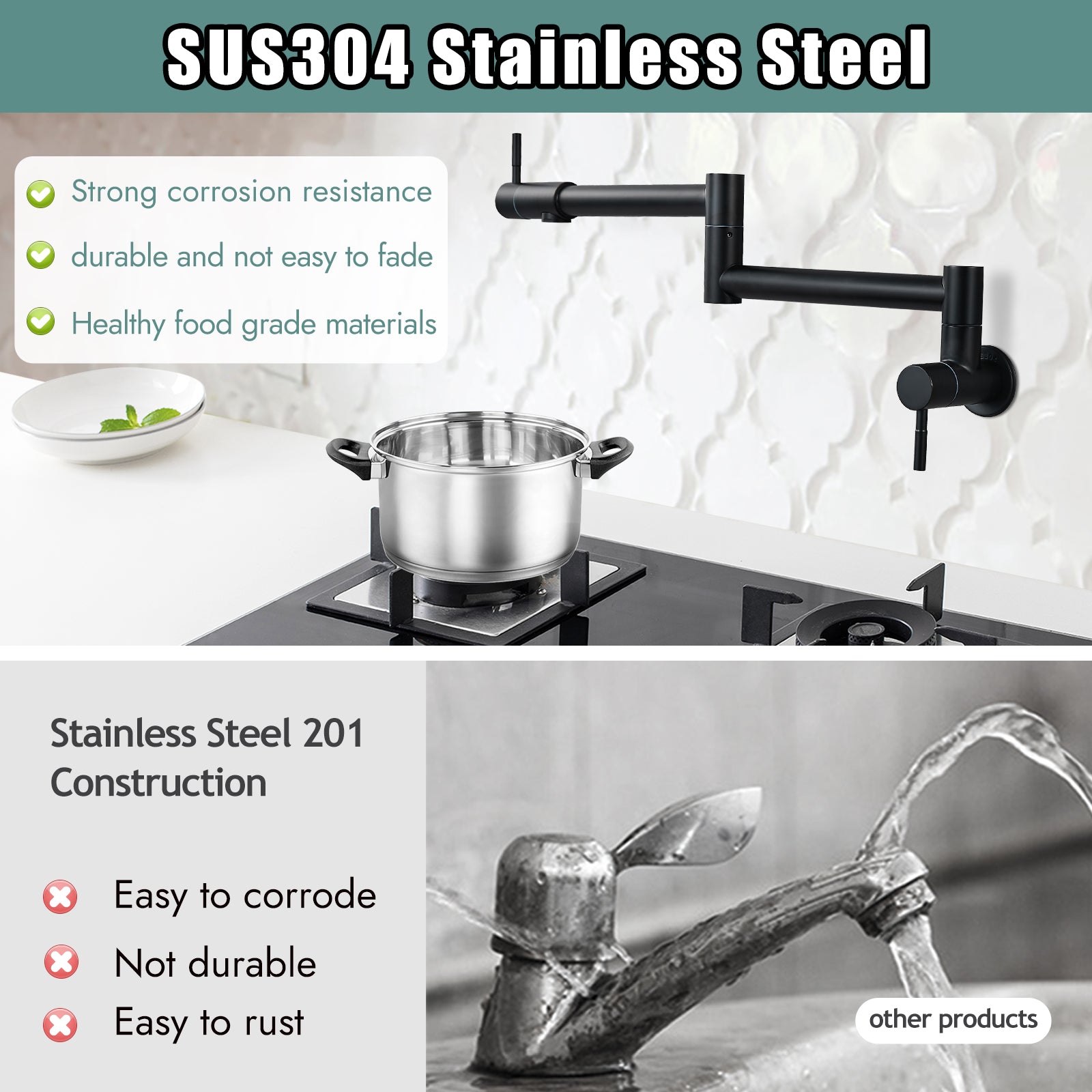 Heyalan Pot Filler 19 Inch Wall Mount Folding Stretchable Kitchen Restaurant Sink Faucet Stainless Steel Potfiller with Double Joint Swing Arm Single Hole Two Handles Commercial NPT