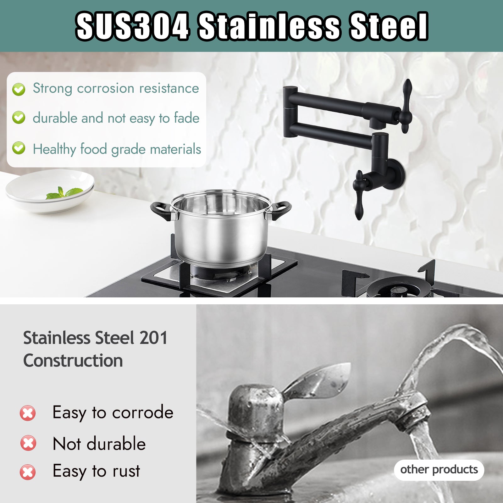 Heyalan Stainless Steel SUS304 19" Pot Filler Faucet Double Joint Spout Stretchable Swing Arm with Single Hole Two Handles Wall Mounted Commercial Kitchen Sink Faucet