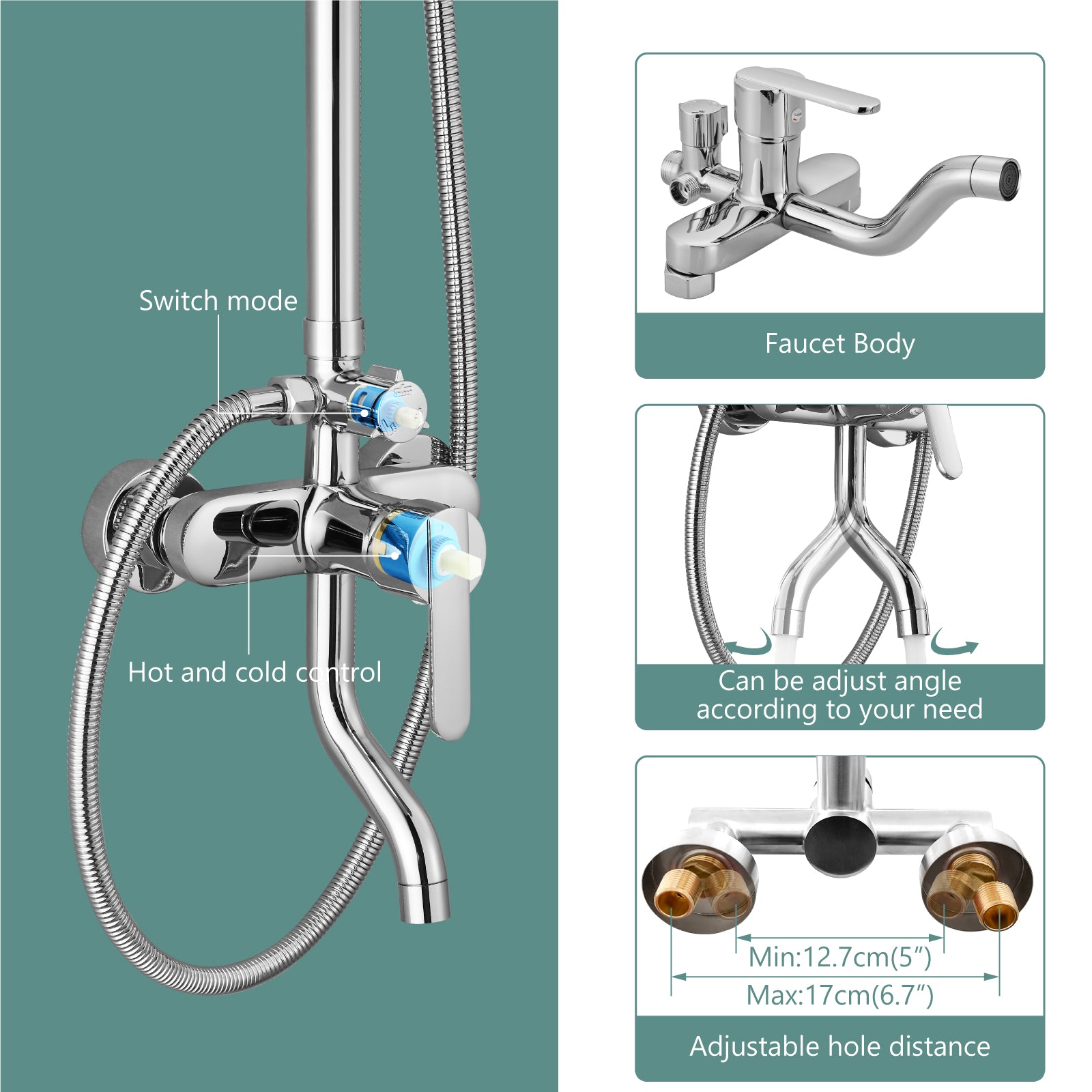 Exposed Shower System Faucet Set Bathroom 8 Inch ABS Single 1 Handle ABS Shower Head Handheld Shower Adjustable Slide Bar Hand Spray Tub Spout Wall Mount Complete Set