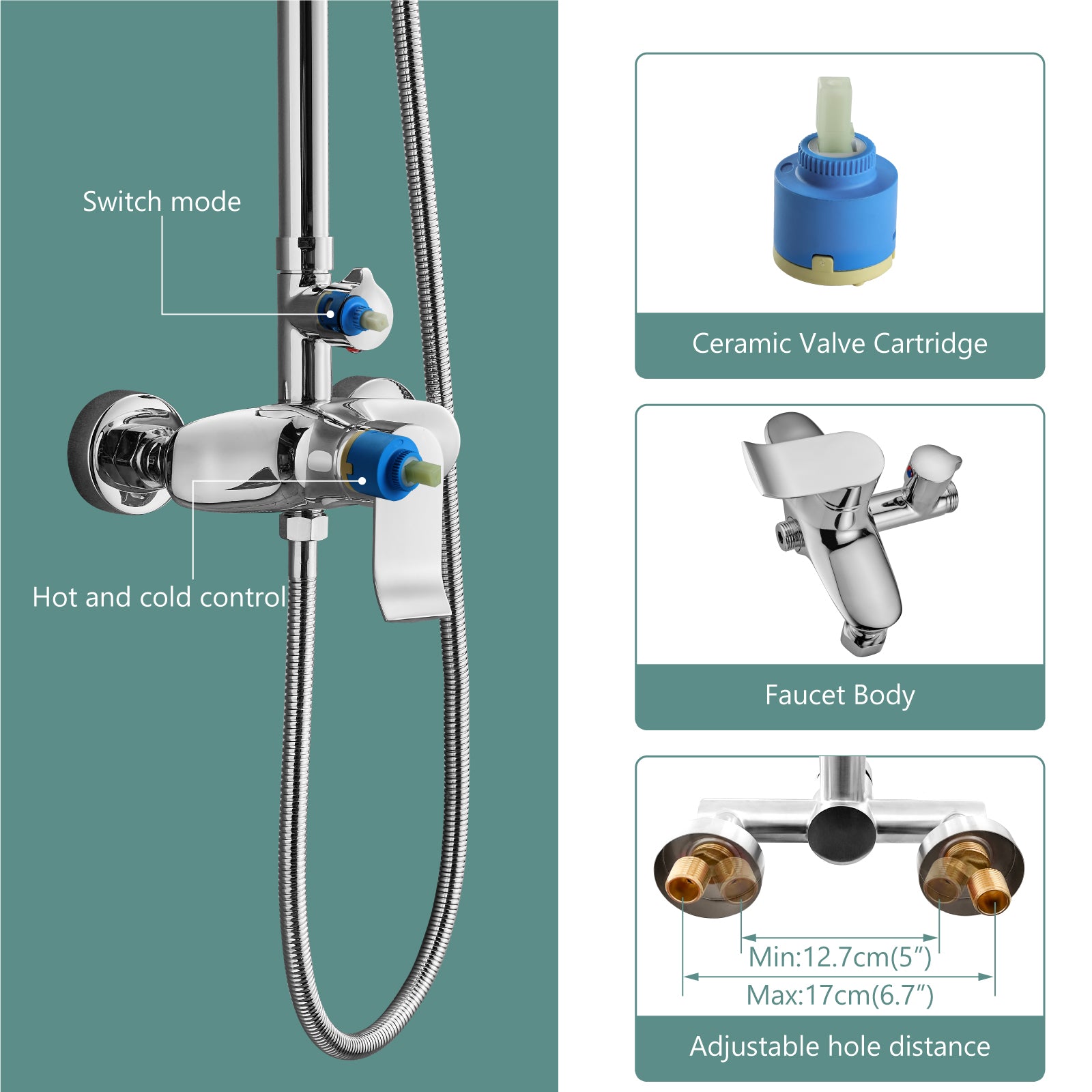 Exposed Shower System Dual Function Bathroom Shower Faucet 8 Inch Square Swivel Rainfall Shower Head with Handheld Adjustable Complete Set Wall Mount