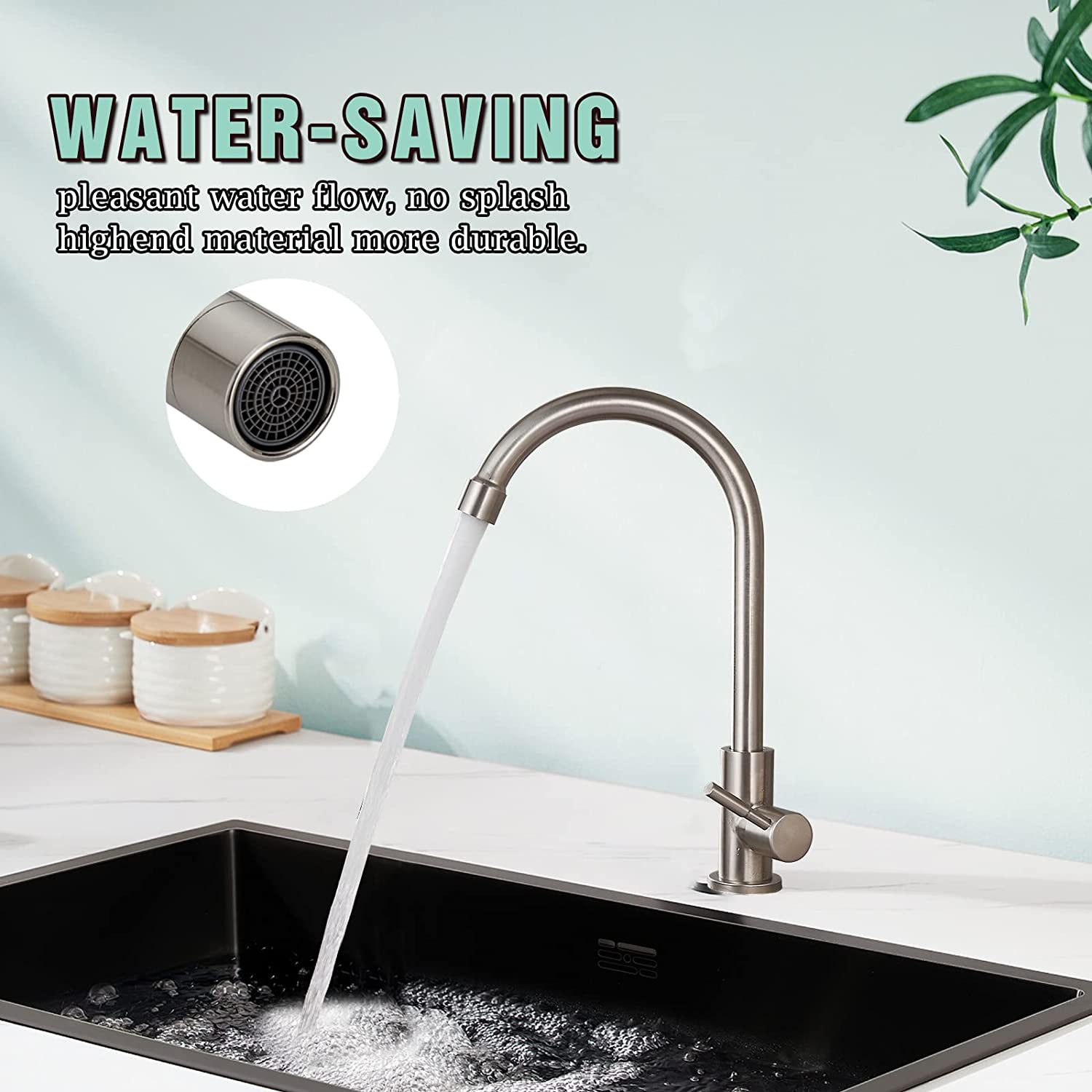 Kitchen Faucet Cold Water Only 1 Hole Single Handle 360 Degree Swivel Spout Deck Mount High Arc SUS304 Sink Bar Tap Goose Neck with Hose and Longer Thread Pipe