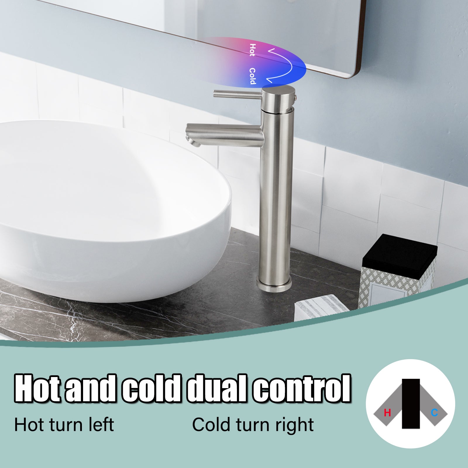Heyalan Bathroom Sink Faucet Stainless Steel SUS304 Brushed Nickel Single Handle 1 Hole Hot and Cold Water Deck Mount Lavatory Faucet Kitchen Tap with Pop Up Drain