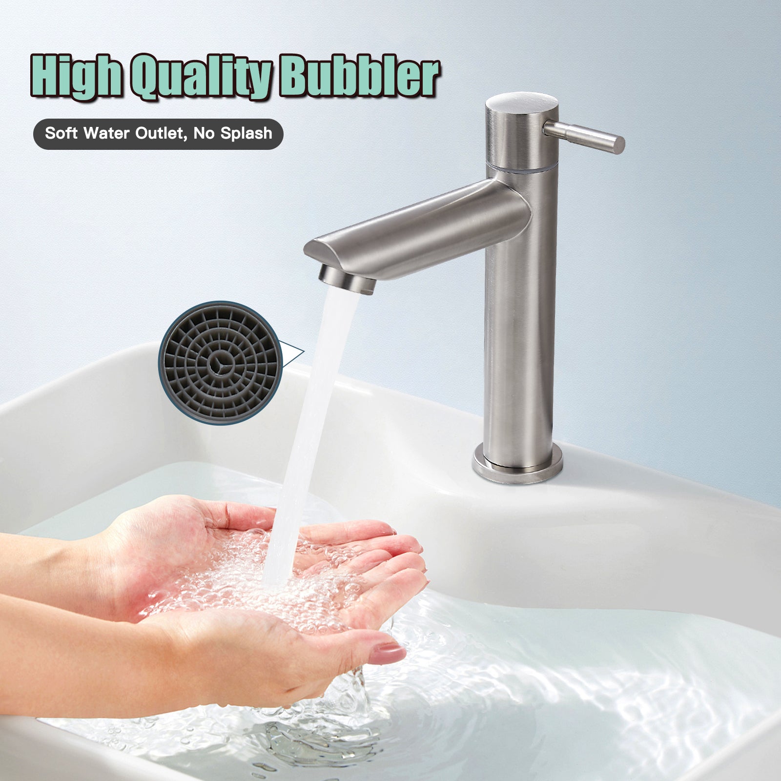 Cold Water Only Bathroom Sink Faucet Stainless Steel SUS304 Brushed Nickel Single Handle One Hole Deck Mount Lavatory Faucet (Drain Not Included)
