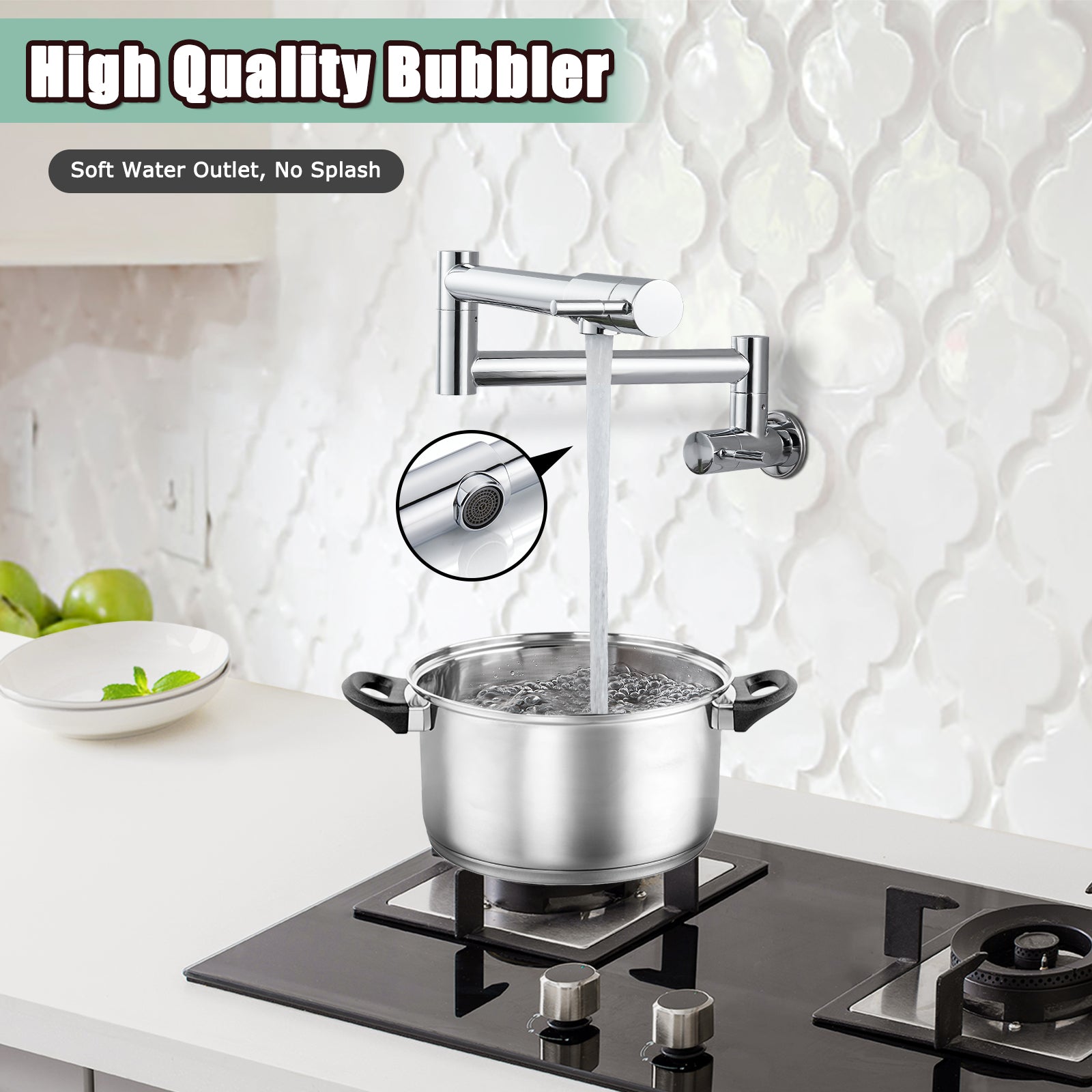 Heyalan Pot Filler 19 Inch Wall Mount Folding Stretchable Kitchen Restaurant Sink Faucet Stainless Steel Potfiller with Double Joint Swing Arm Single Hole Two Handles Commercial NPT