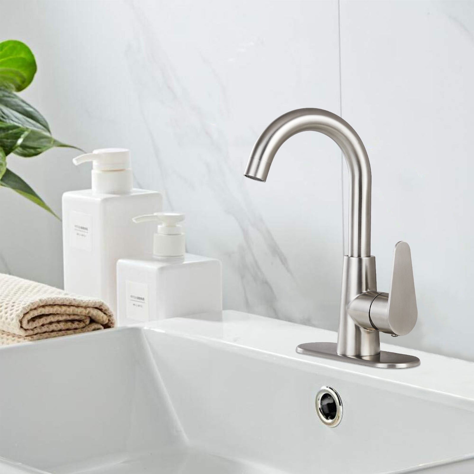 Heyalan Bathroom Sink Faucet Brushed Nickel Cold and Hot Water Single Hole Kitchen Bar Tap 360 Degree Swivel Spout Deck Mount Arc SUS304 Stainless Steel Gooseneck with Deck Plate and Drain